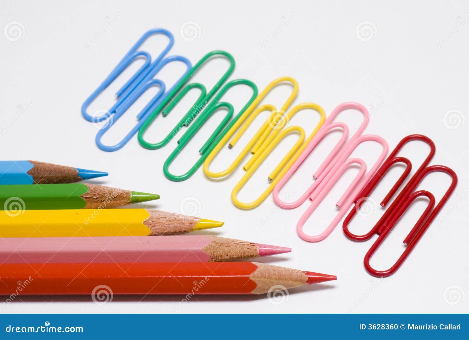 Colored pencils and clips stock photo. Image of tools 3628360