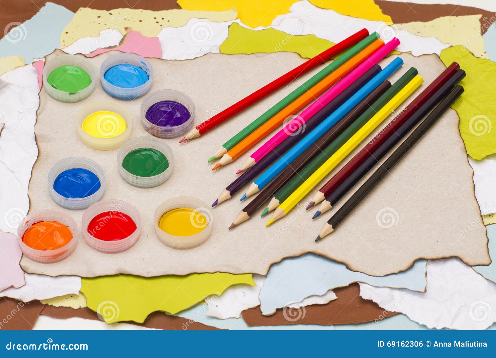 Colored Pencils and Cover with Paint Gouache Stock Photo Image of pastel, object 69162306