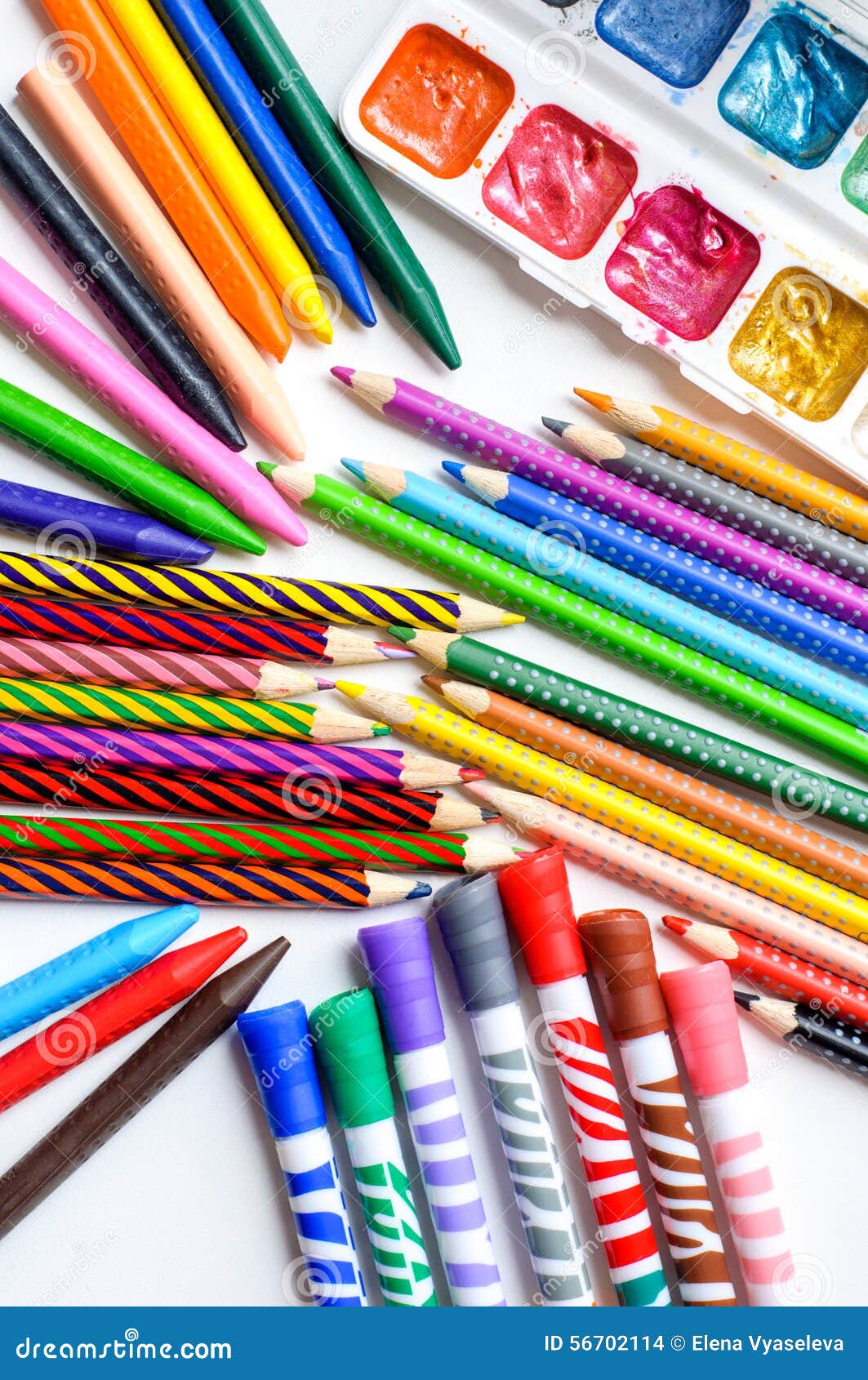 Colored Pencils, Crayons, Markers and Paints on White Background Stock  Photo - Image of crayons, color: 56702114