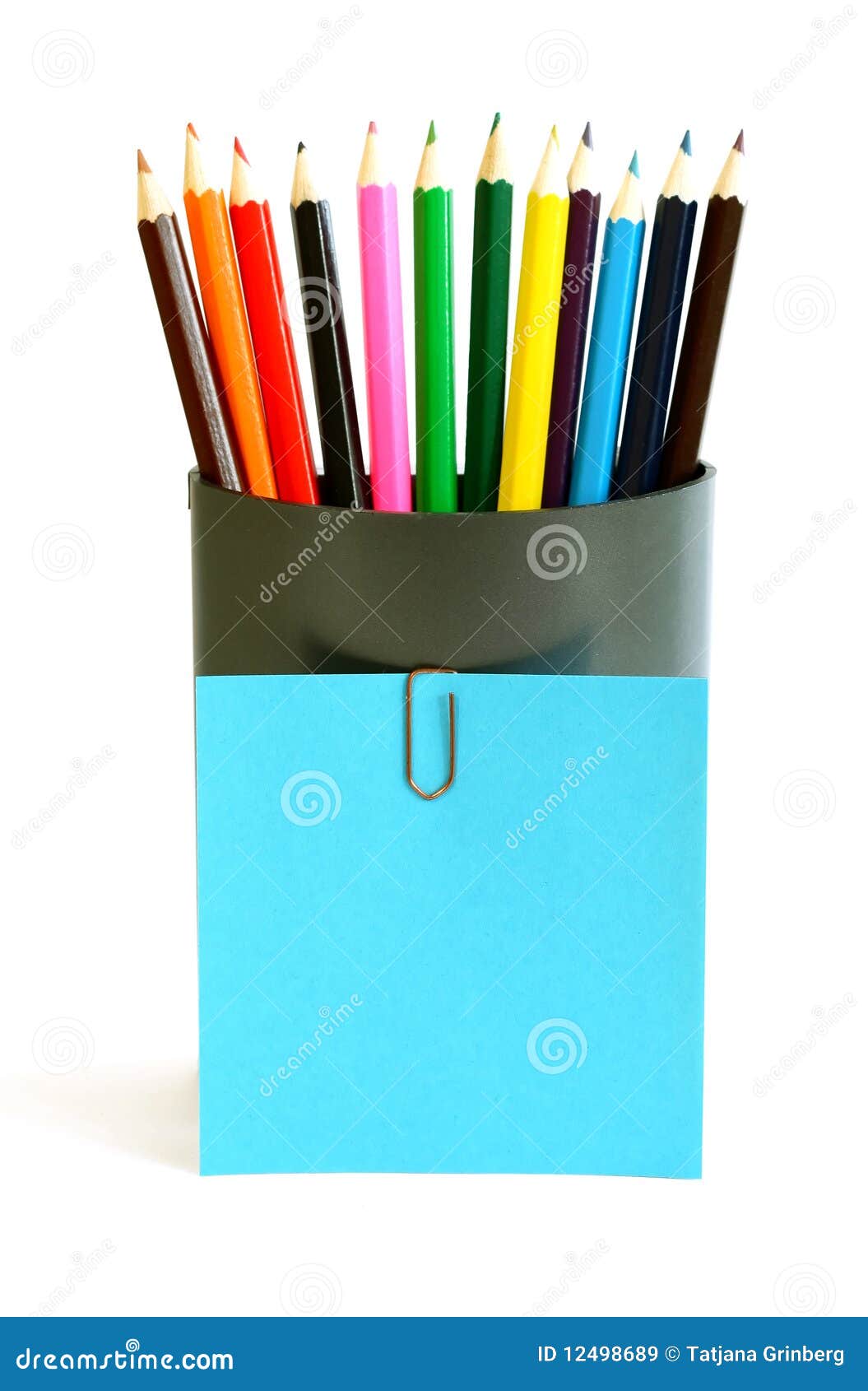 Colored Pencils in Cup with Blue Blank Card Stock Image - Image of