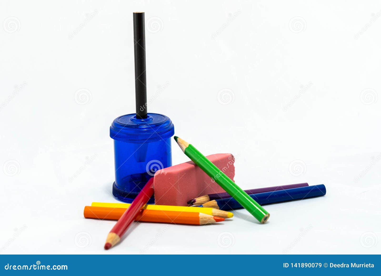 Seven Colored Pencils with Sharpener Stock Image Image of color
