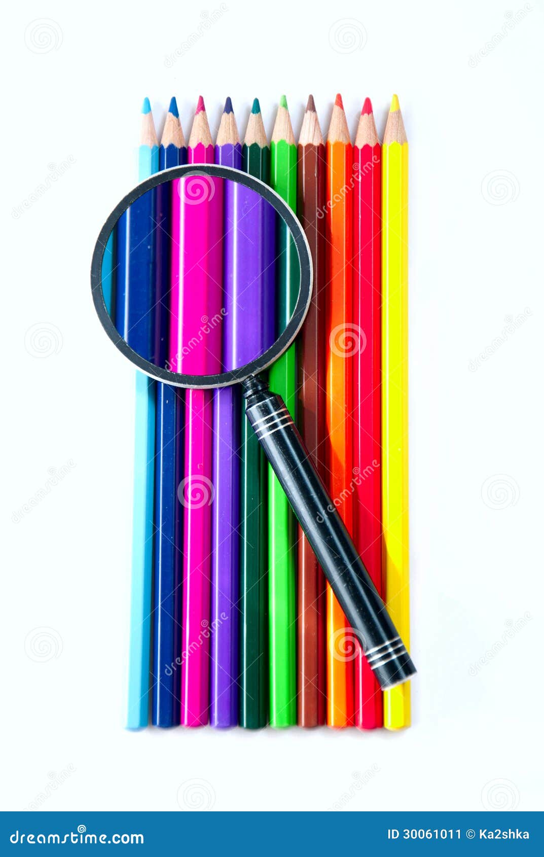 Color pencils, magnifier stock image. Image of education 30061011