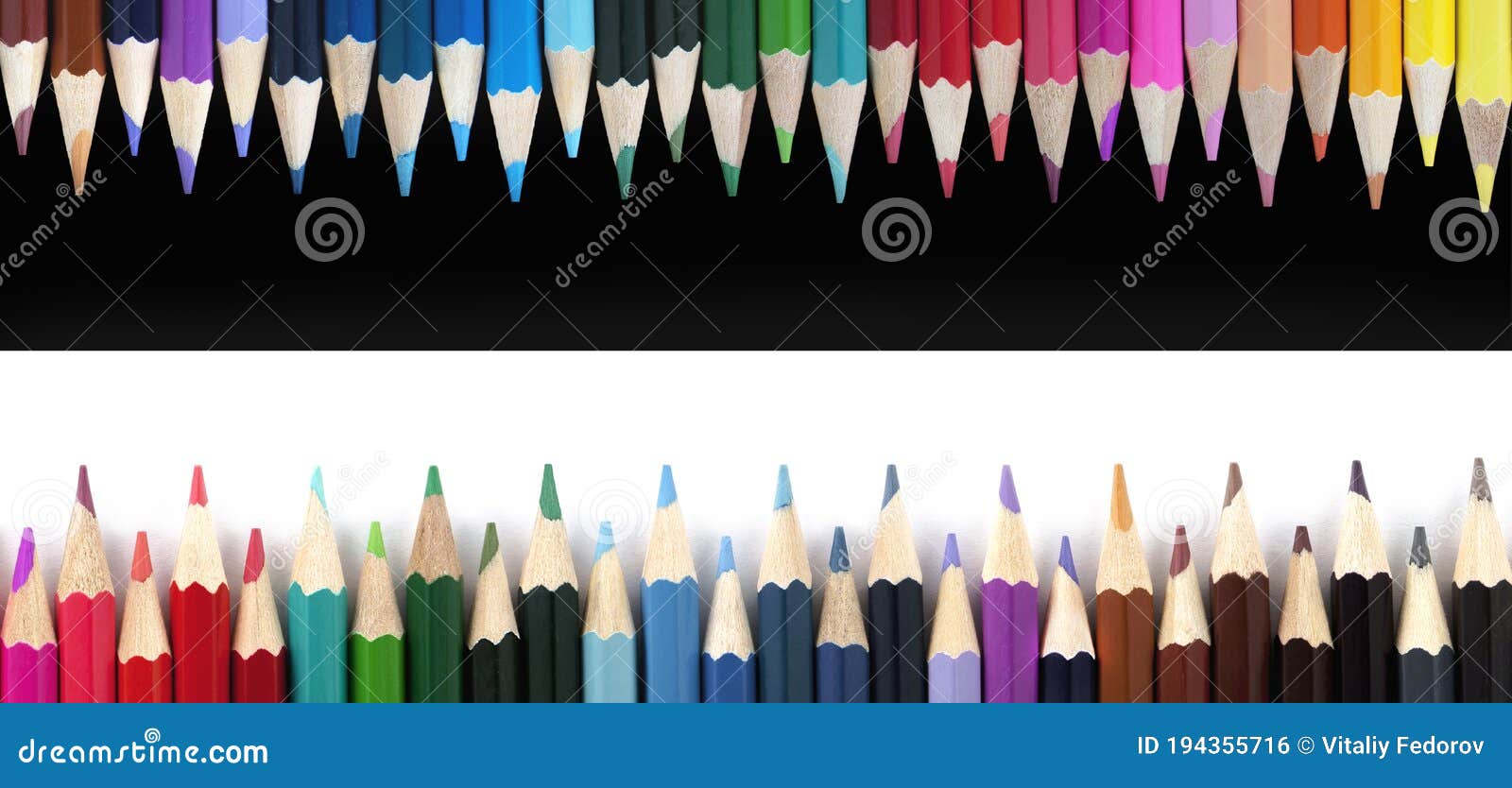Colored Pencils on White and Black Background. Panorama. Banner Stock