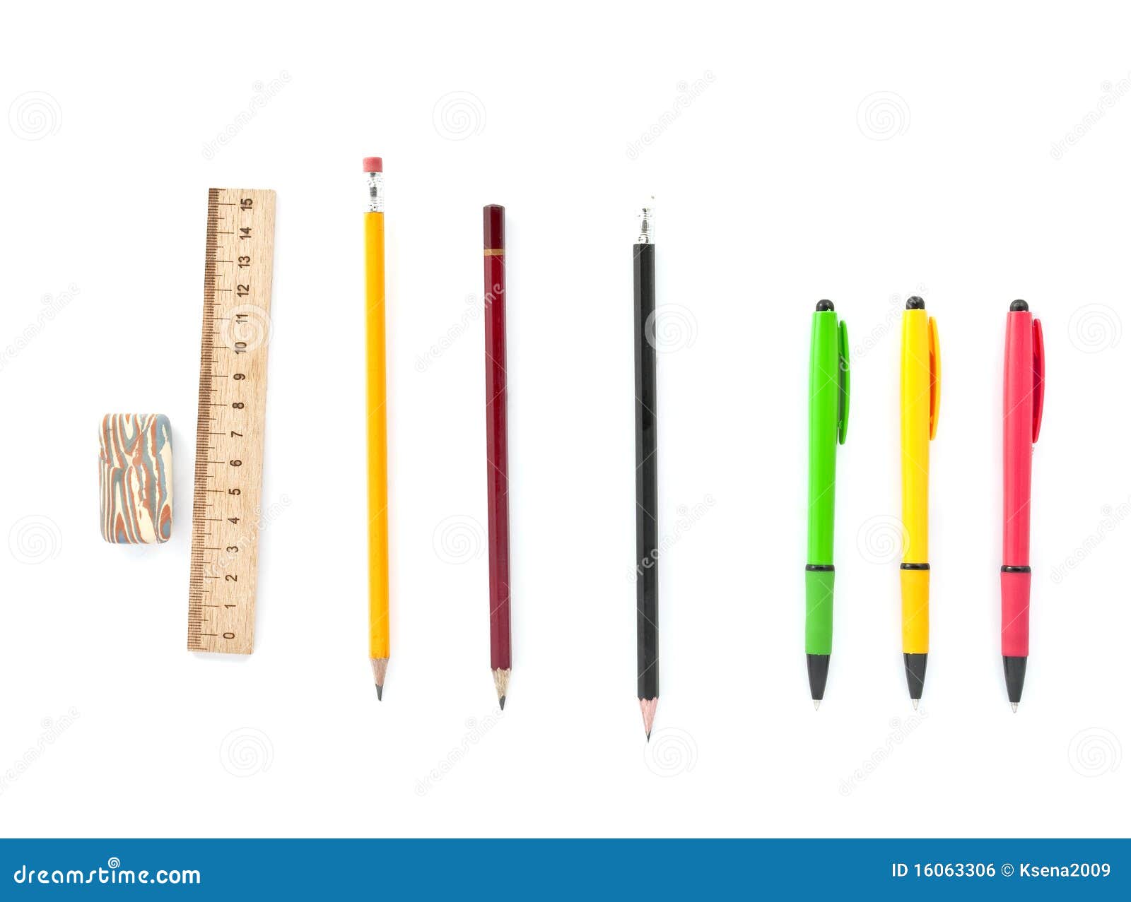 Colored Pens, Pencils, Ruler, Eraser Stock Photo Image of green