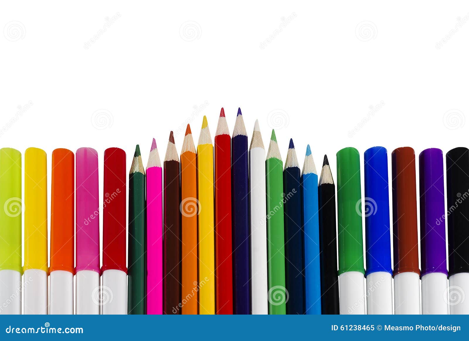 Colored Markers and Pencils Arranged in a Horizontal and Triangular