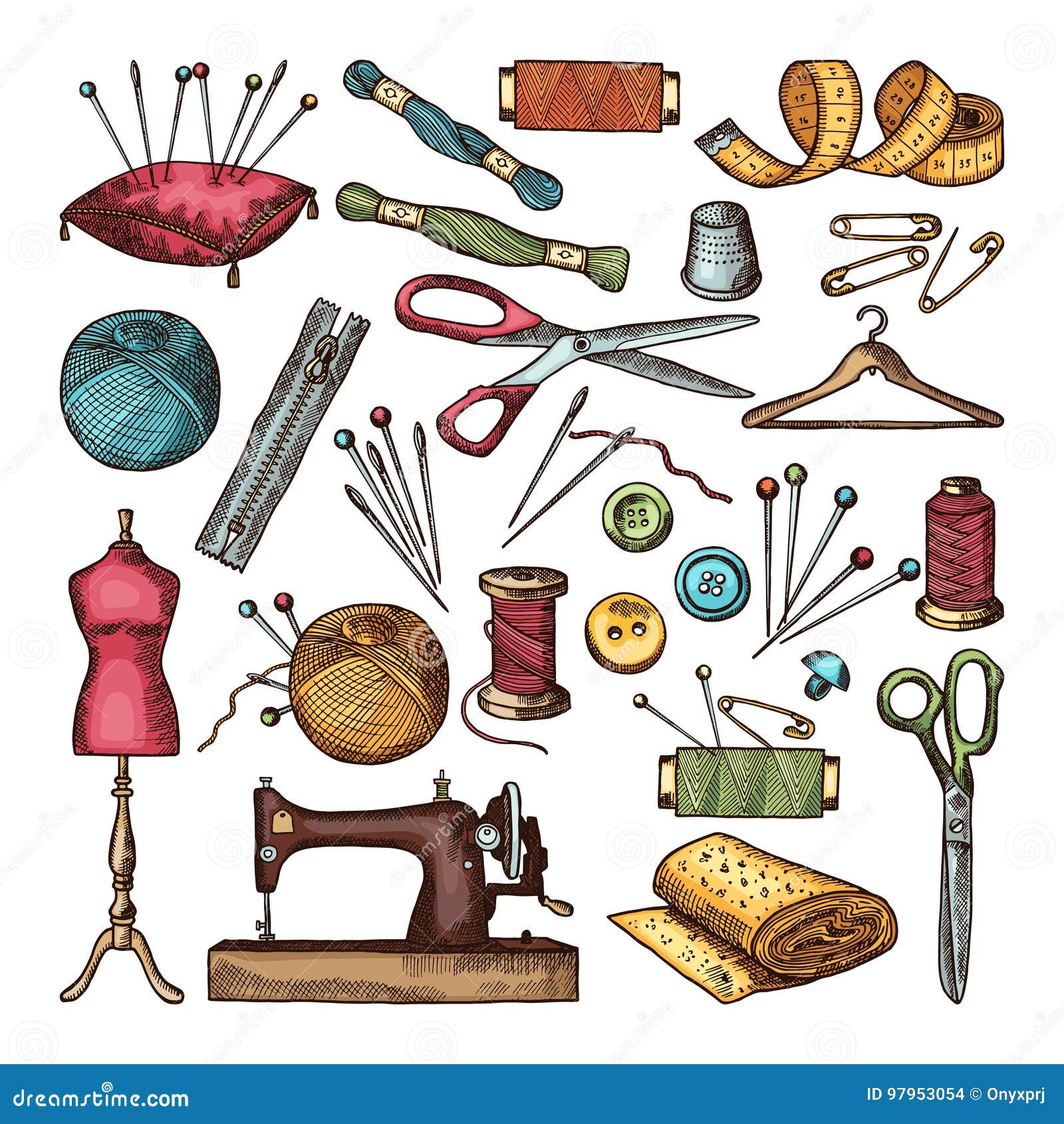 Colored Pictures of Different Tools for Needlework or Sewing
