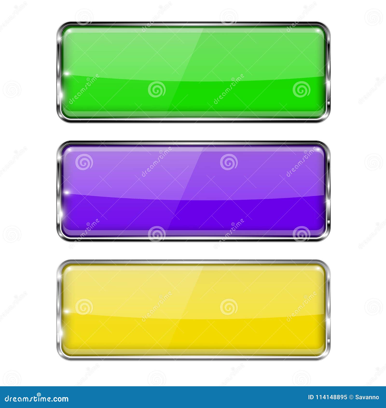 Colored rectangle buttons. Green, violet and yellow icons with chrome frame. Vector 3d illustration isolated on white background