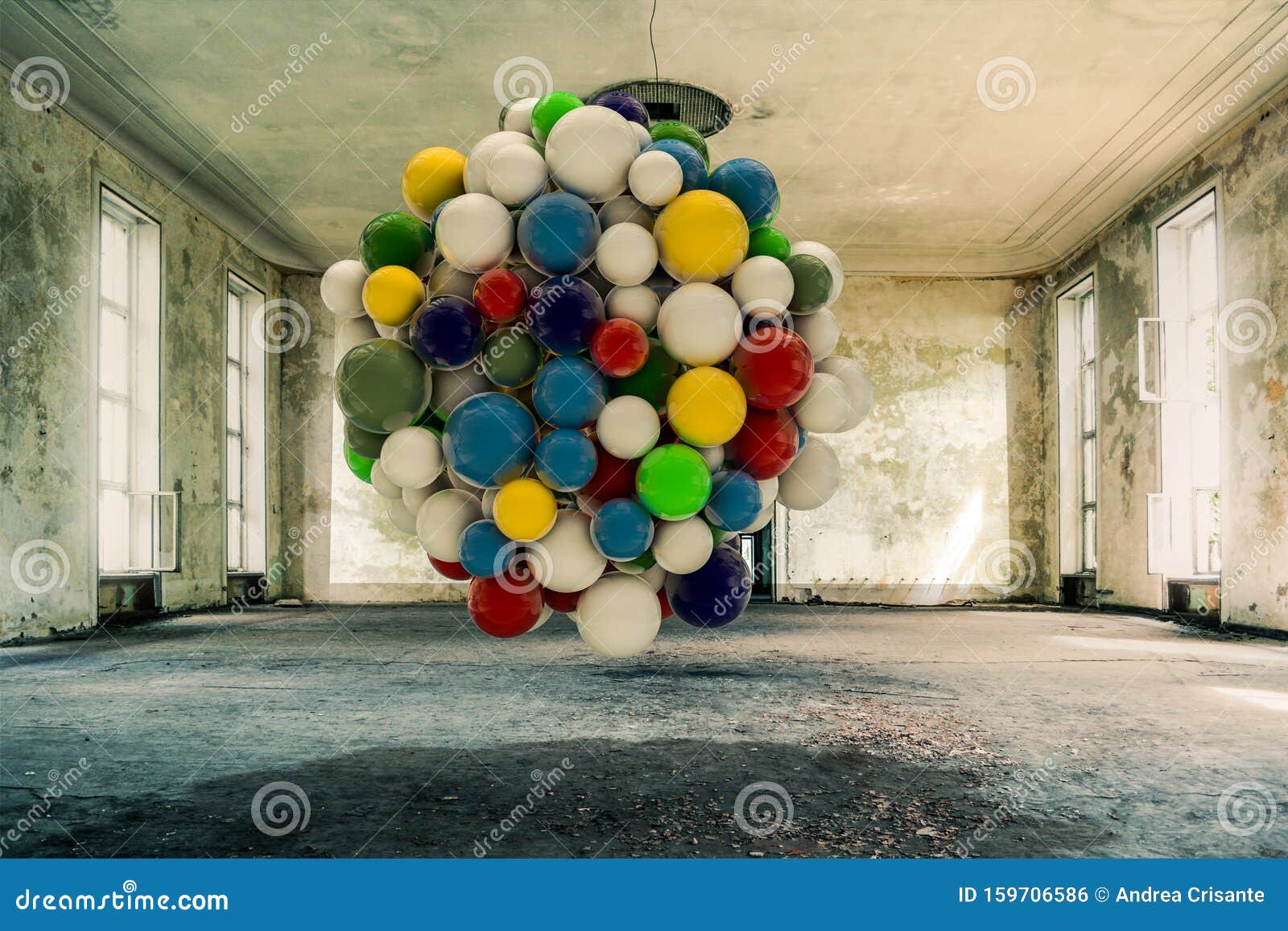 colored spheres intallation inside an empty room