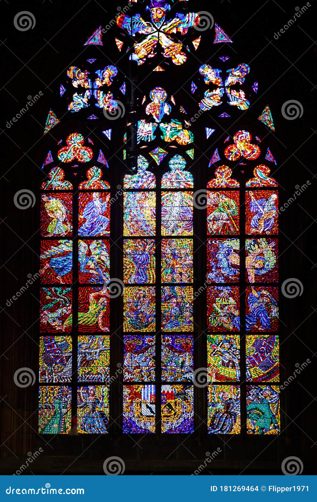 Colored Stained Glass Windows of a Medieval Gothic Cathedral Stock