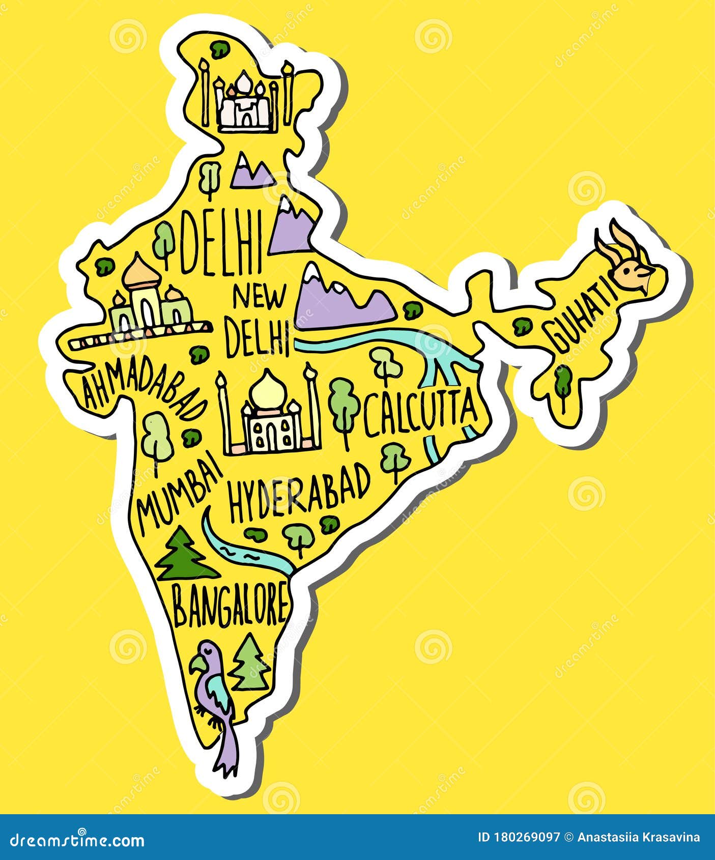 Colored Sticker of Hand Drawn Doodle India Map. India City Names Lettering  and Cartoon Landmarks, Tourist Attractions Cliparts Stock Illustration -  Illustration of mumbai, hinduism: 180269097