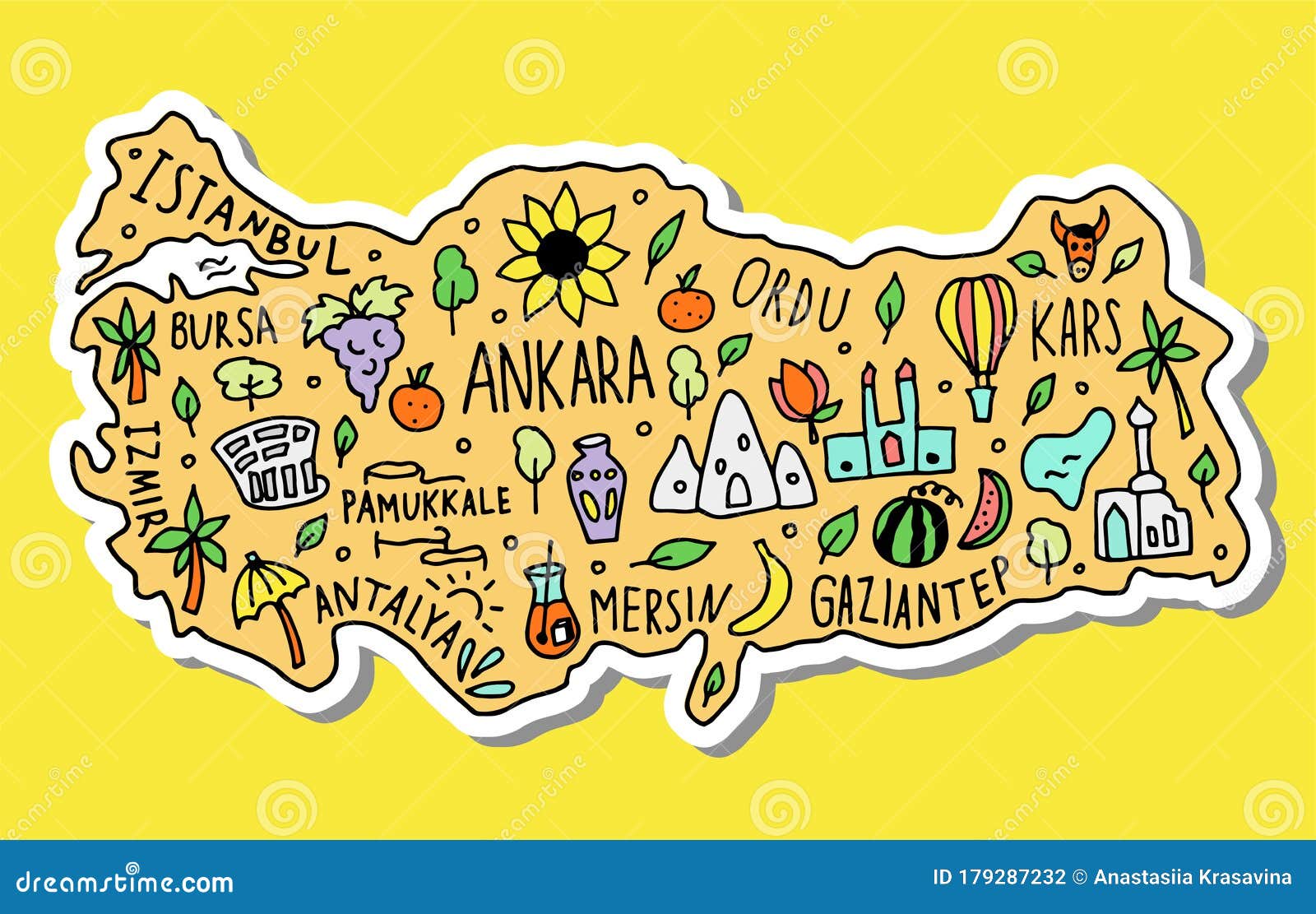Colored Sticker of Hand Drawn Doodle Turkey Map. Turkish City Names  Lettering and Cartoon Landmarks, Tourist Attractions Stock Vector -  Illustration of cityscape, city: 179287232
