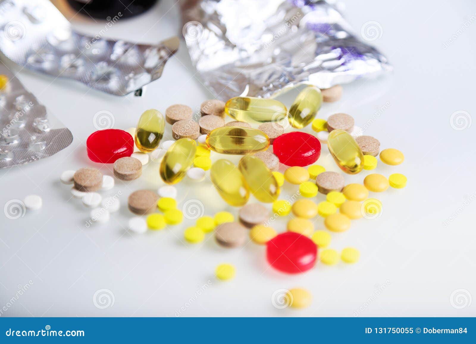 Colored Tablets and Capsules. Assorted Pharmaceutical Medicine Pills, Tablets and Capsules on