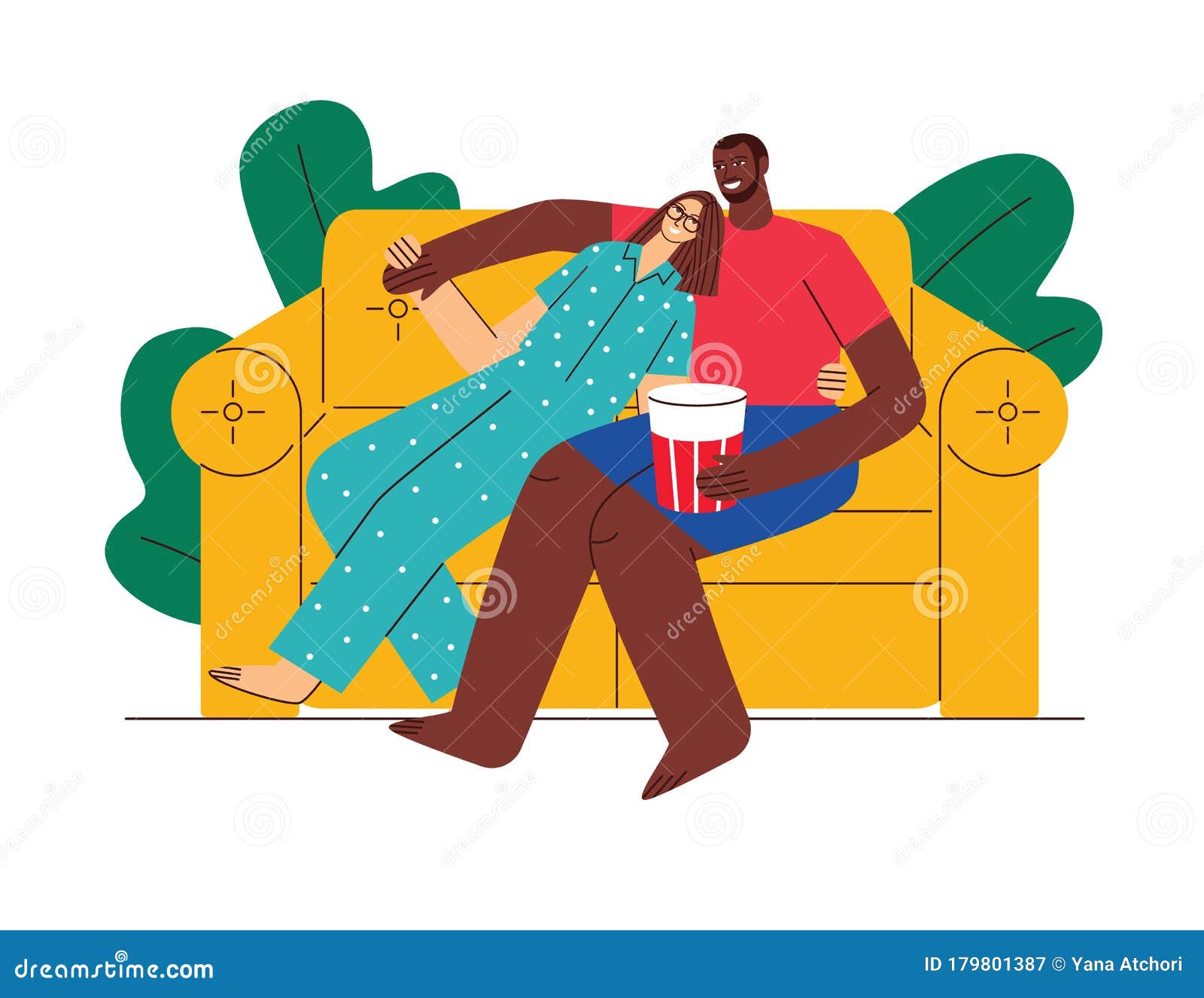 Colored Vector Flat Style Illustration. Loving Couple Watching TV at