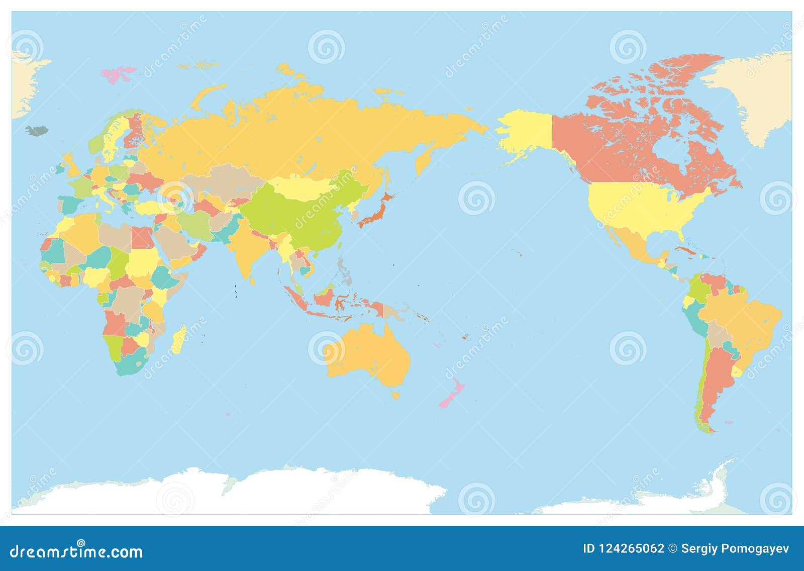 colored world map pacific centred. no text