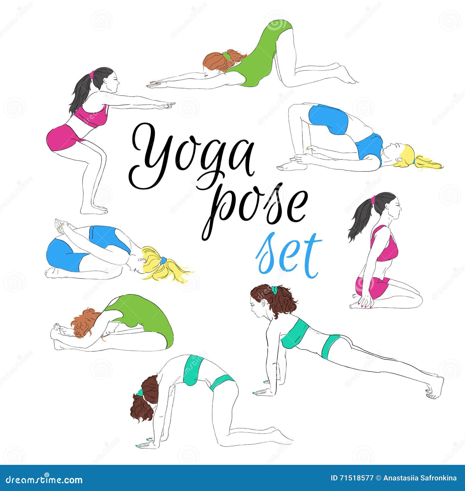 Colored Yoga Poses Set, Handdrawn Image. Stock Vector Illustration