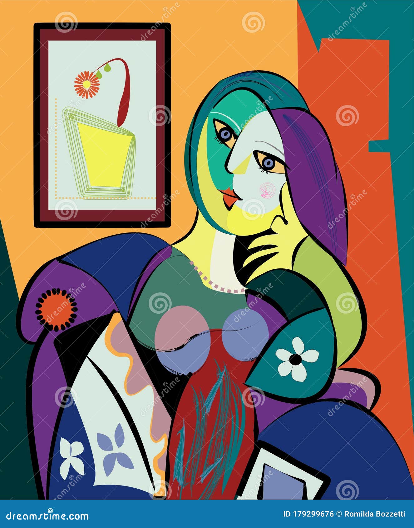 colorful abstract background, cubism art style, portrait of woman sitting - 18-256