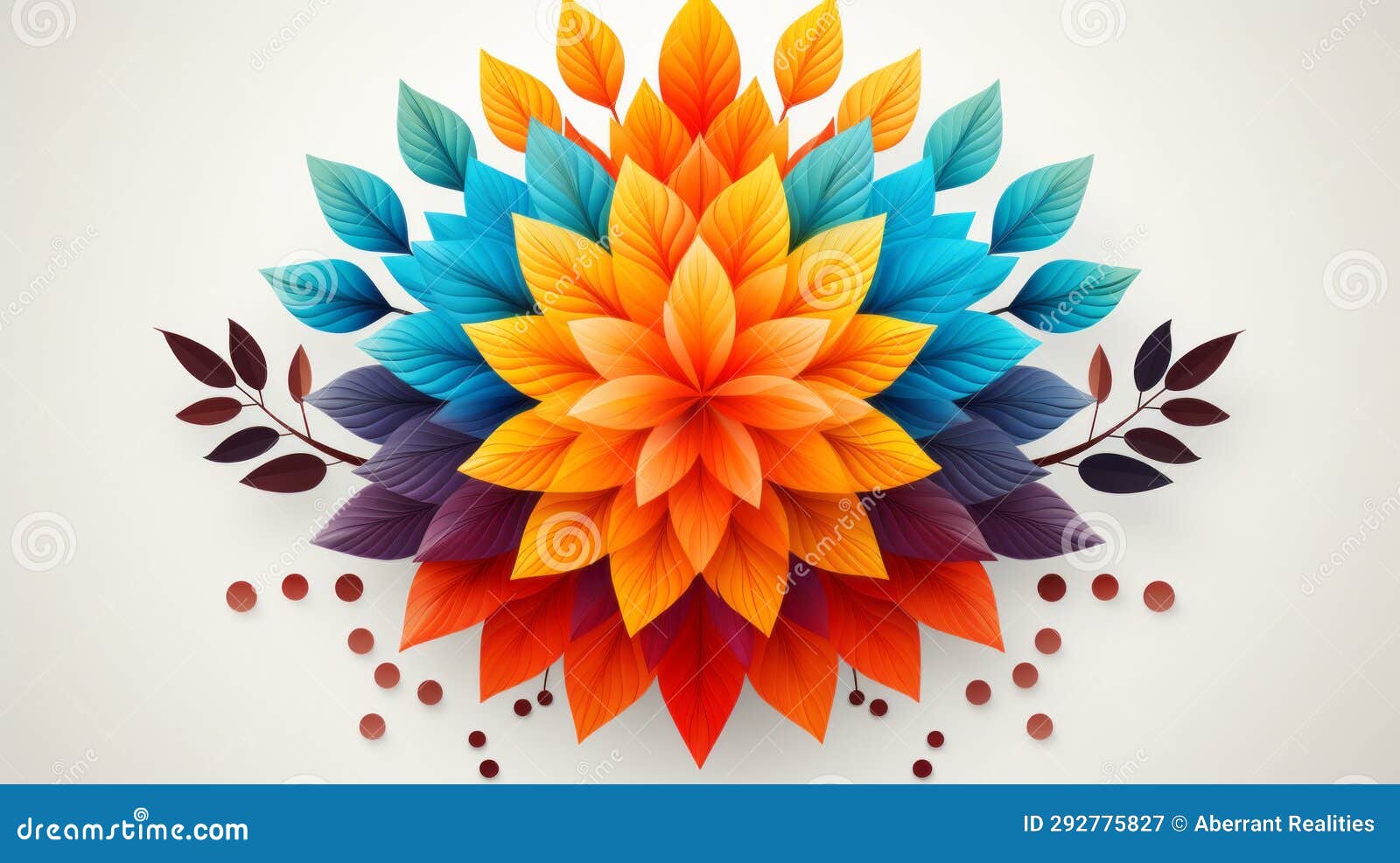 Colorful Abstract Flower with Leaves on a White Background Stock