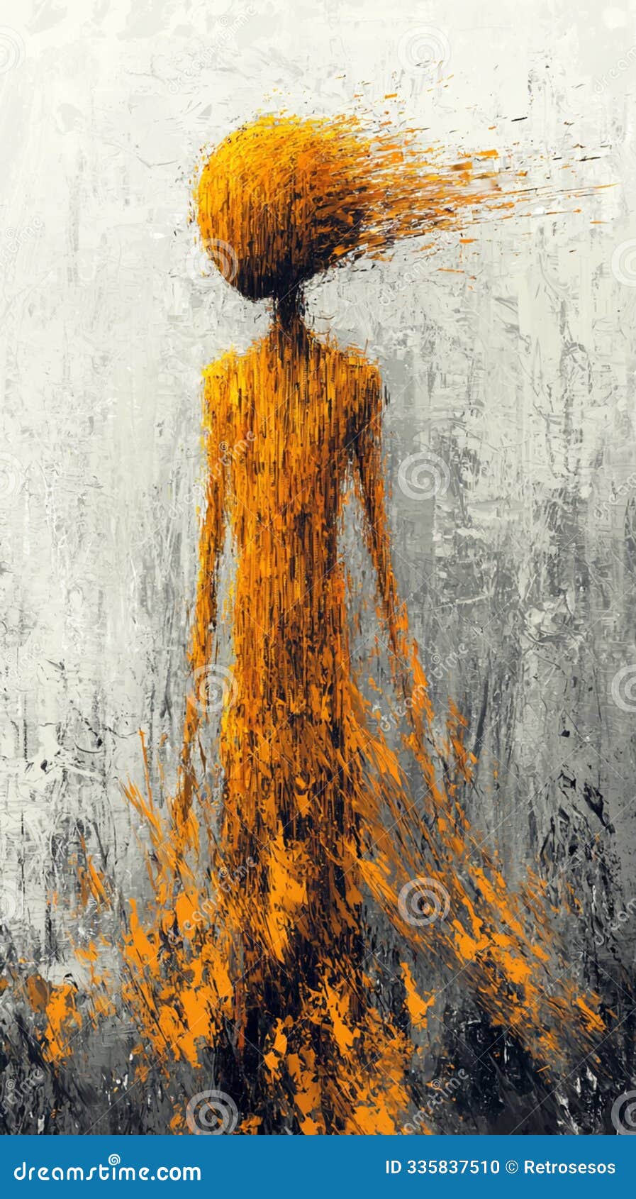 alien being dissipating into the wind on abstract background