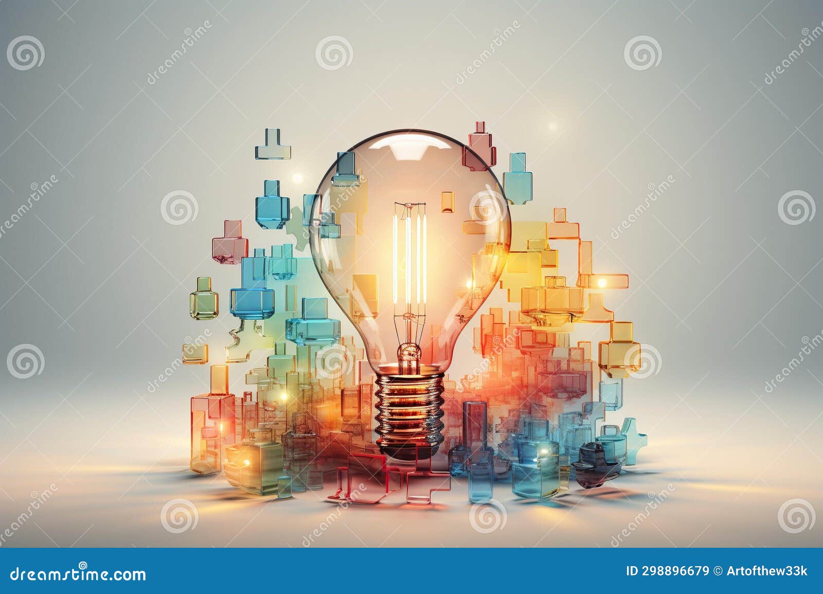 colorful abstract puzzle pieces forming a glowing lightbulb surrounded by gears and upward arrows