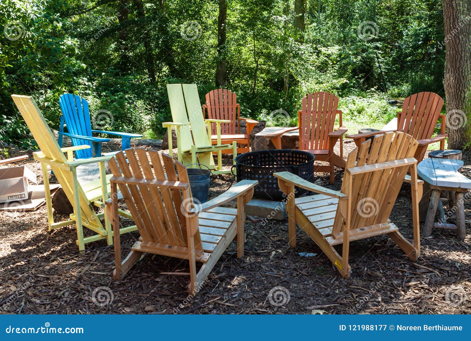 Colorful Adirondack Chairs Around Fire Pit Stock Image Image Of View