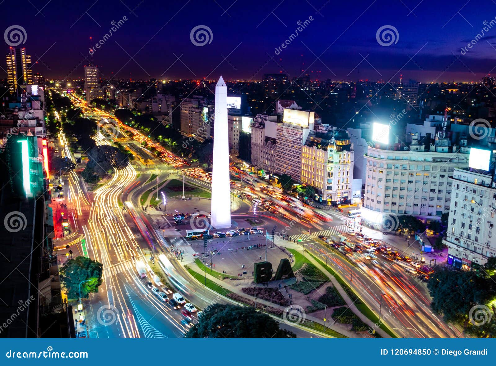 colorful aerial view of buenos aires and 9 de julio avenue at night - buenos aires, argentina