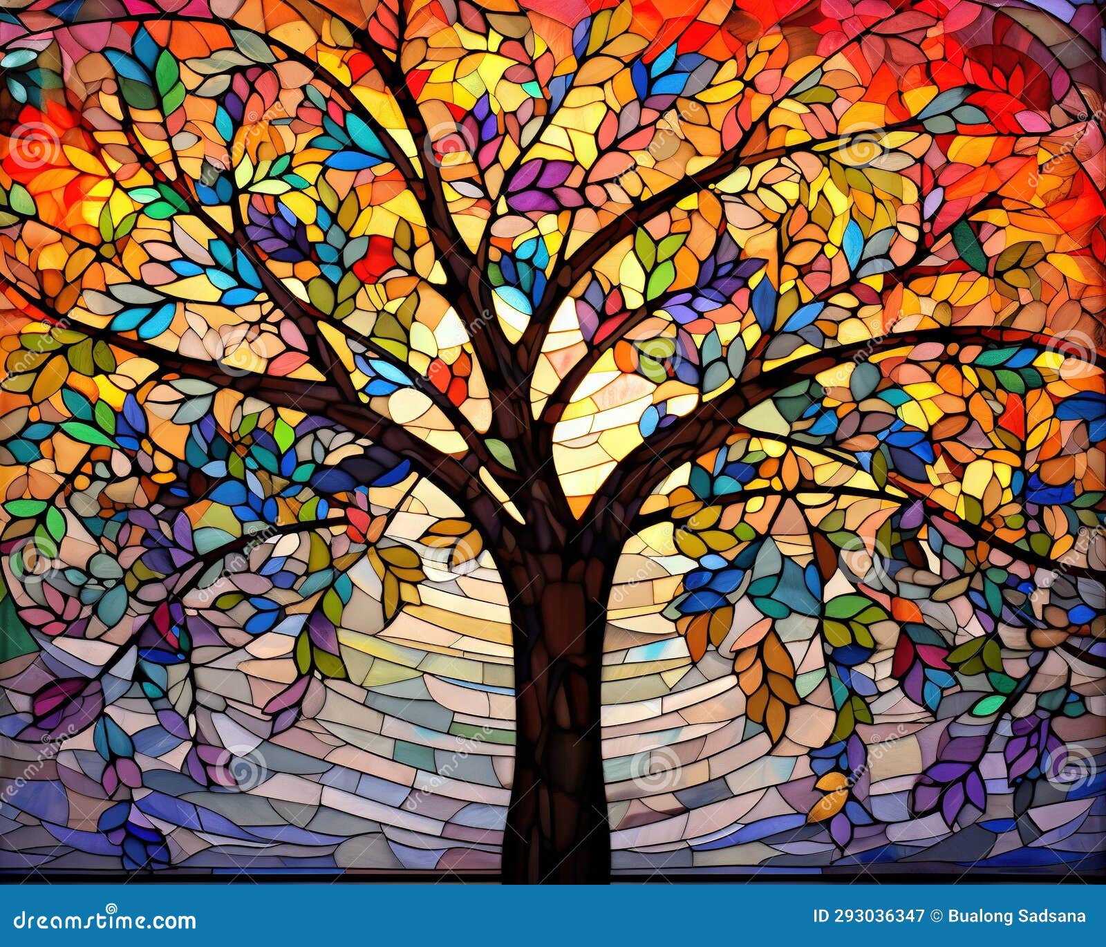 colorful arched stned glass window depicts a tree.