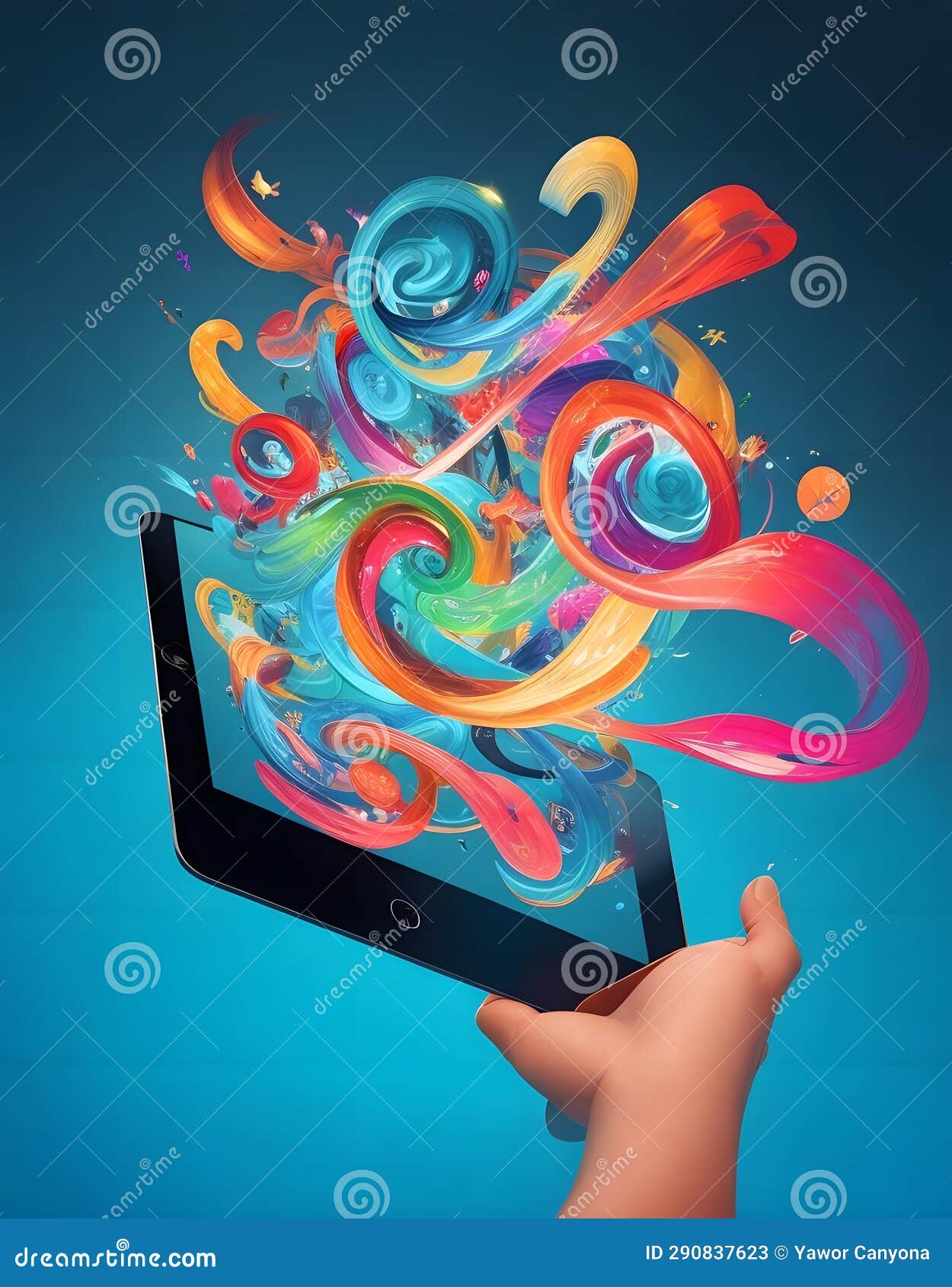 A Colorful Array of Social Media Icons Swirl Around an IPad Held in a