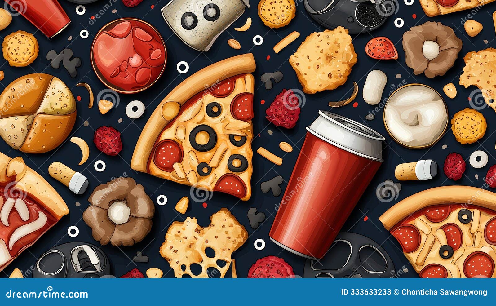 a colorful array of various delicious snack foods, including pizza, cookies, and drinks, creating a vibrant culinary pattern