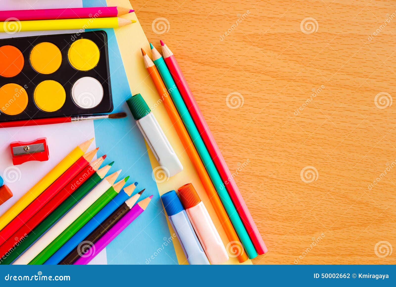 Colorful Art Supplies on a School Desk Stock Photo Image of