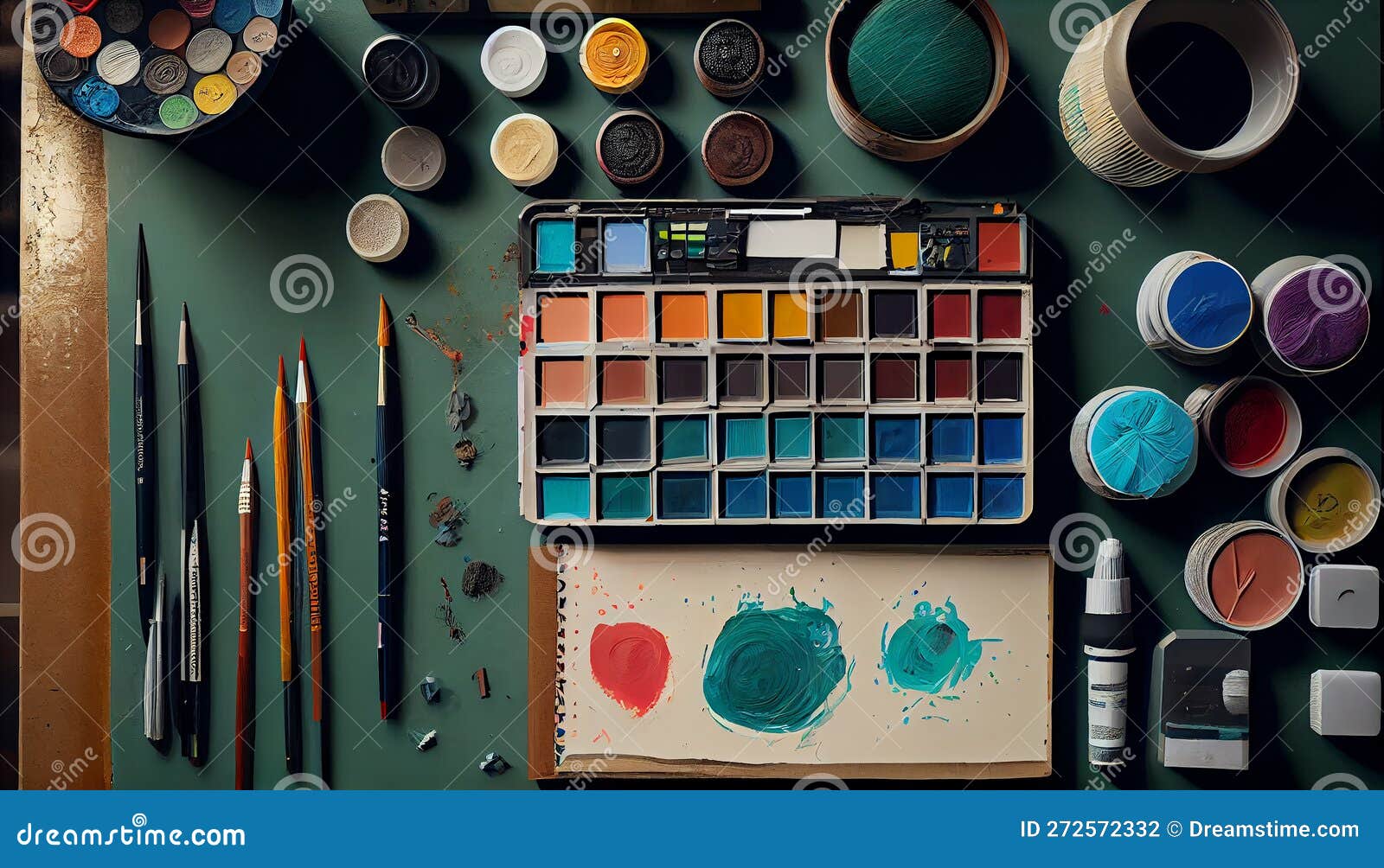 Colorful Artist Paintbrushes on a Messy Desk ,generative AI Stock