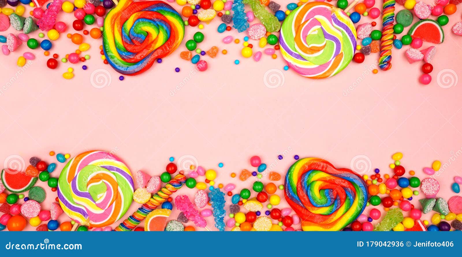 Colorful Assorted Candies, Overhead View Double Border with a Pink ...