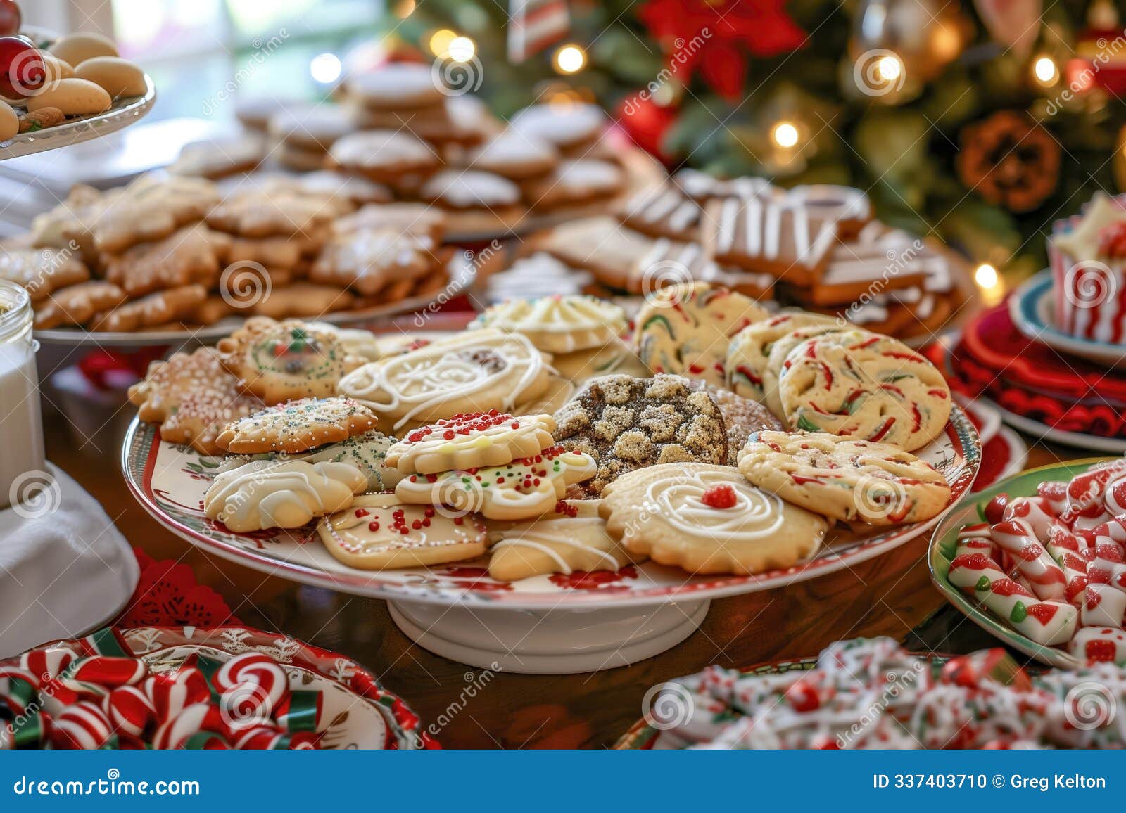 a colorful assortment of decorated cookies displayed on a festive table during christmas