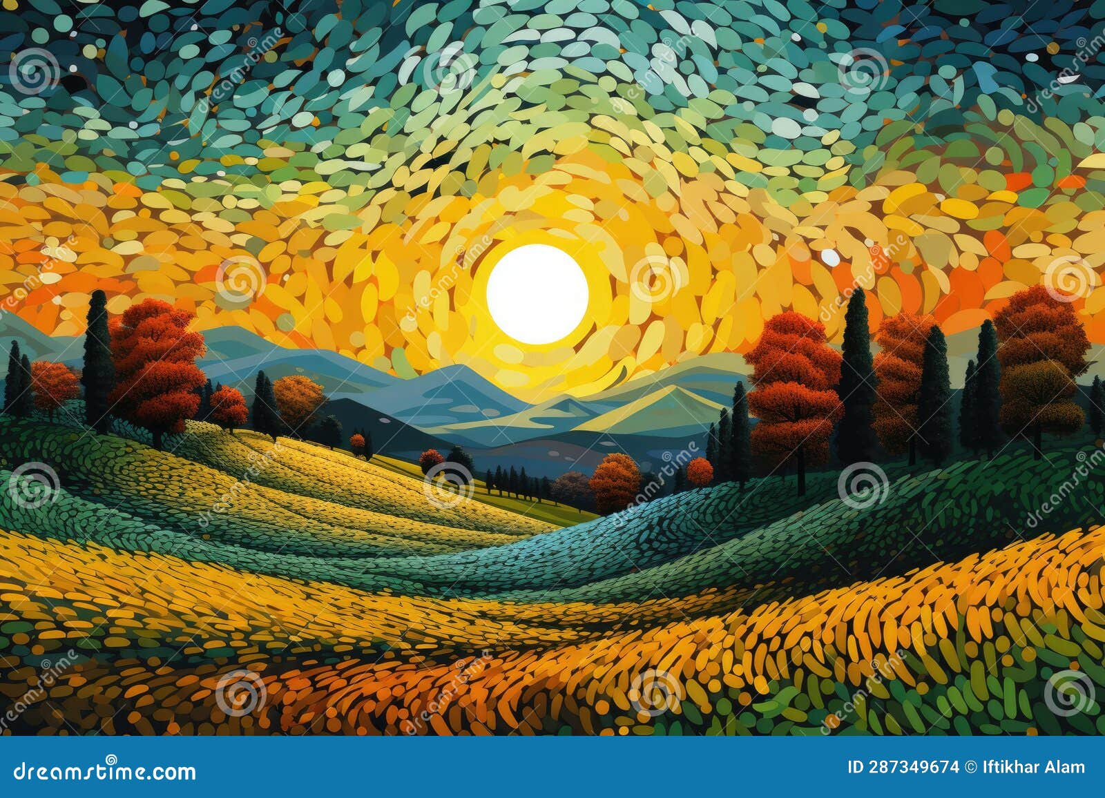 Colorful Autumn Landscape with Hills, Trees and Sun Illustration. a ...