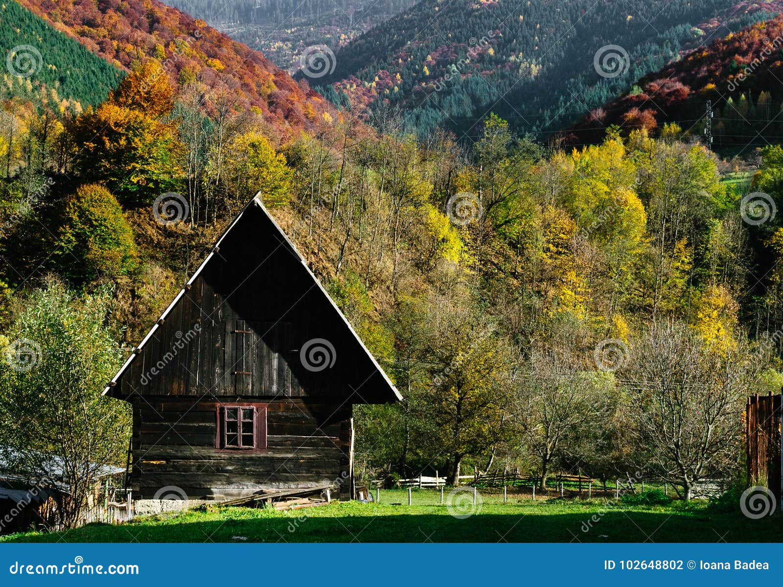 Colorful autumn landscape with traditional house. Vivid autumn colors with tiny rural house