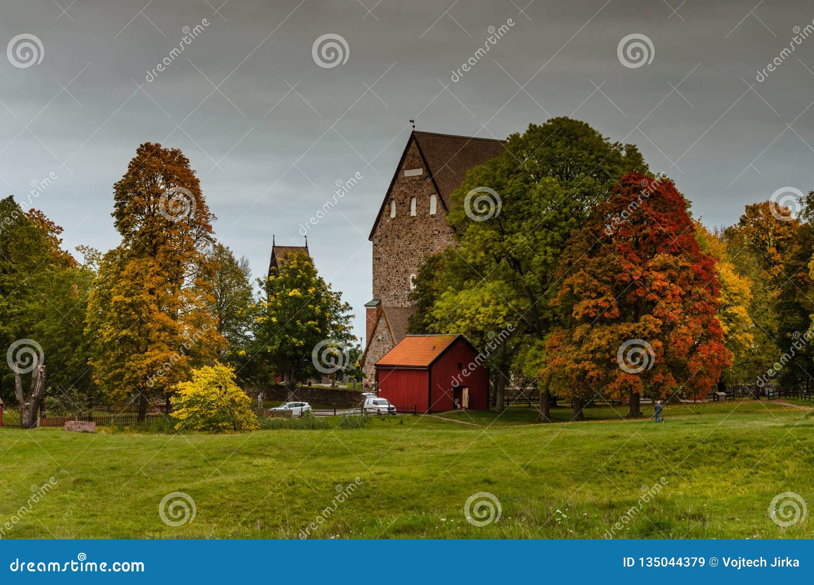 Colorful Autumn at the Viking Burial Site in Old Uppsala, Sweden Stock