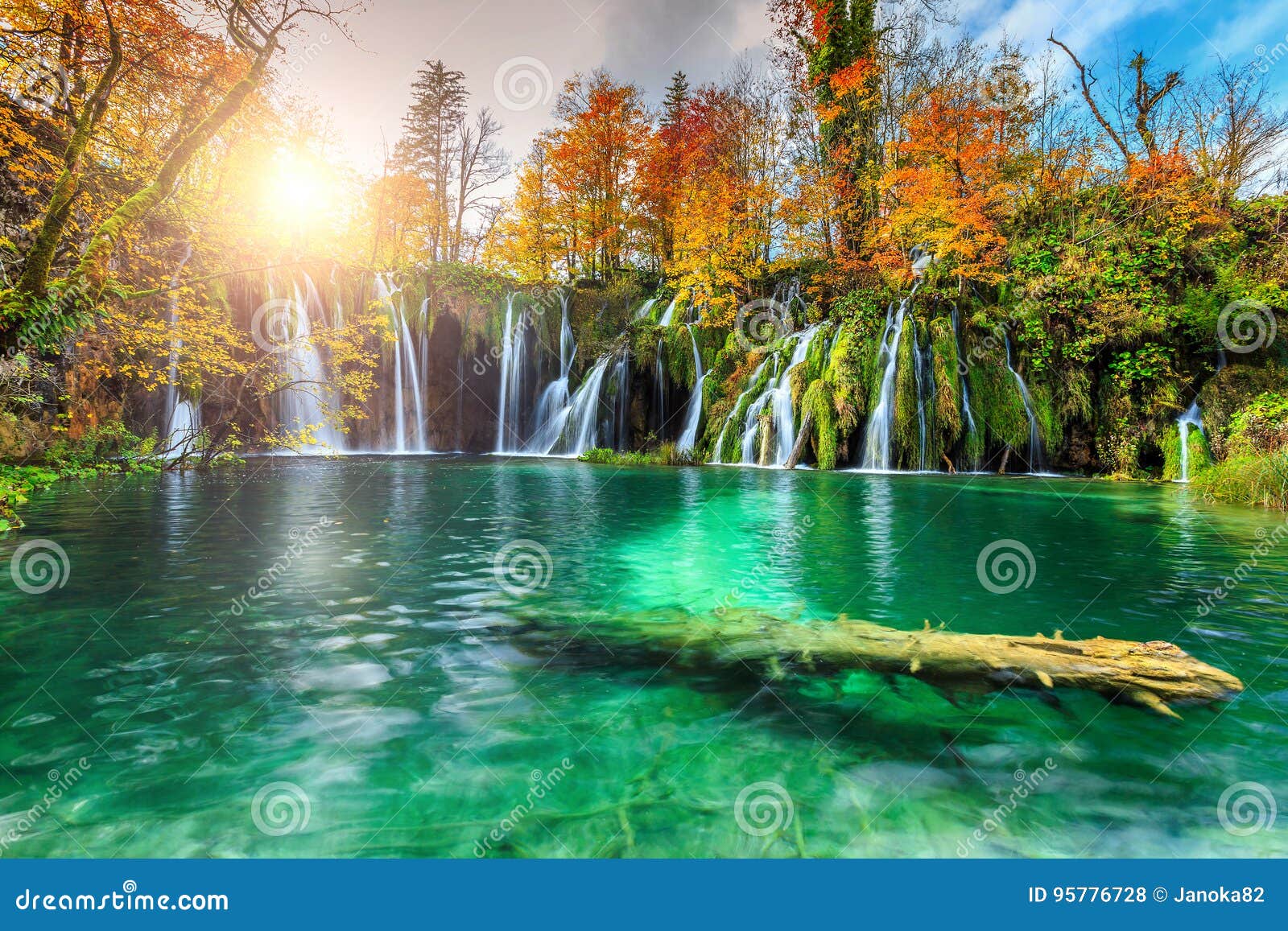 colorful aututmn landscape with waterfalls in plitvice national park, croatia