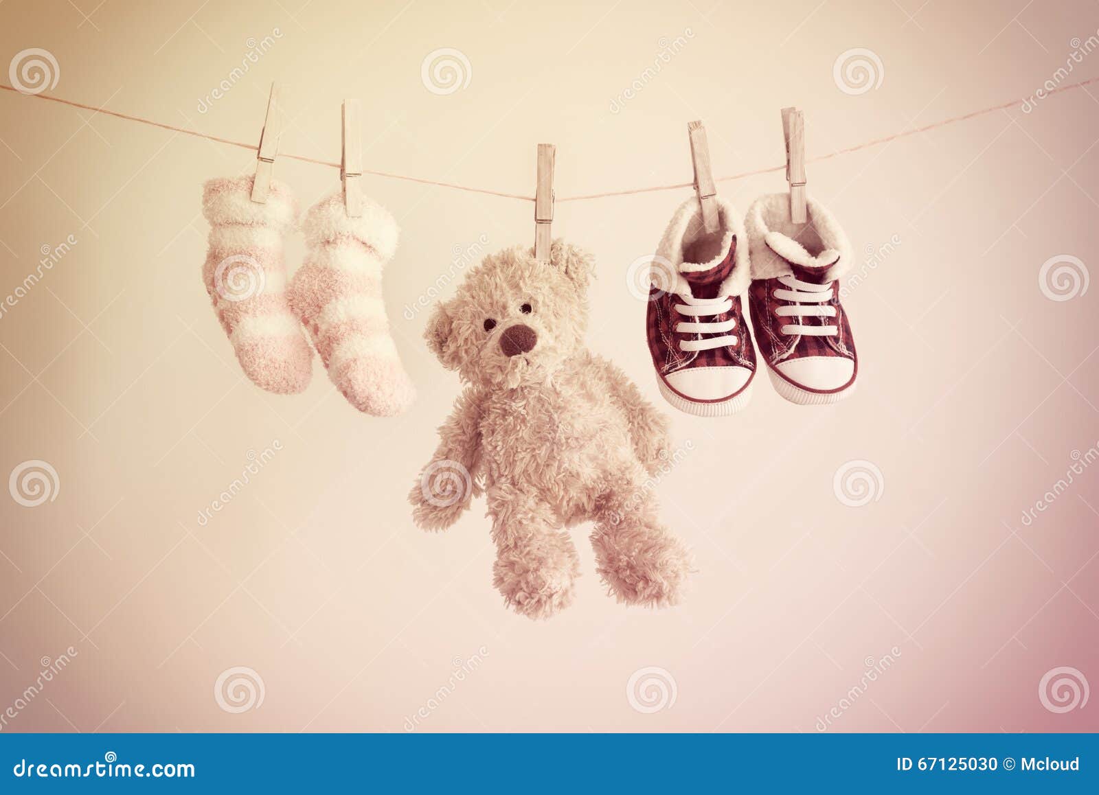 Colorful Background For Baby Girl With Two Pink Socks Sneakers And Teddy Bear With Copy Space Stock Photo Image Of Infant Closeup