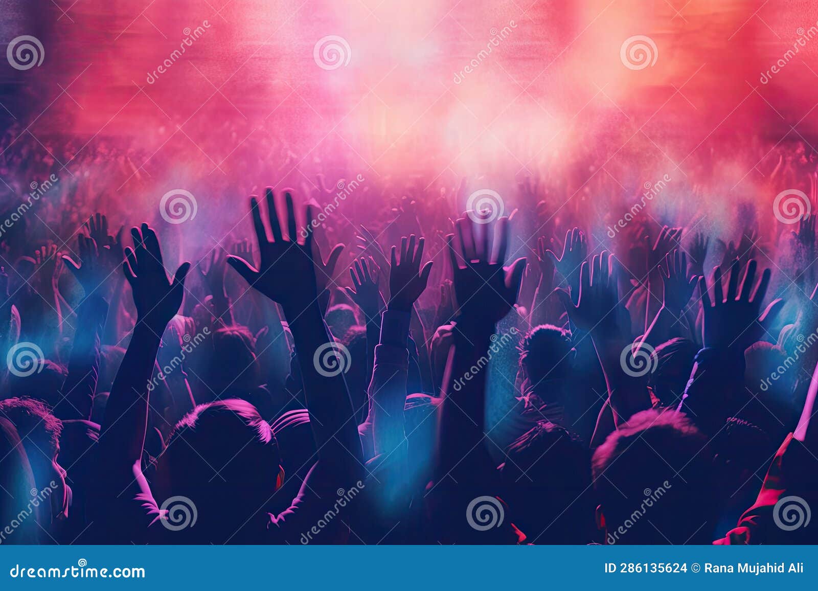 A Colorful Background with a Crowd of Hands Up and the Word Music on it