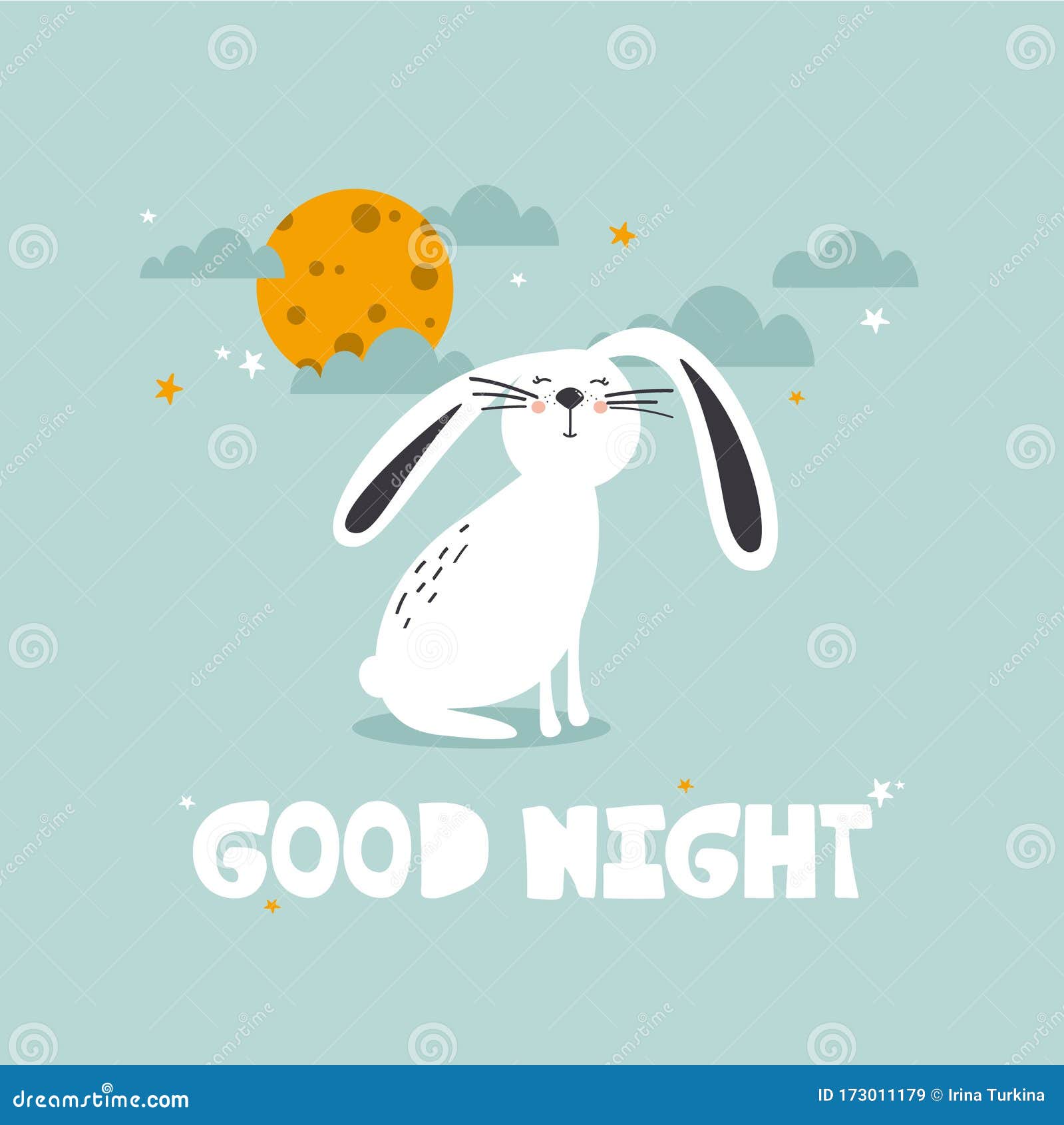 Colorful Background With Happy Rabbit, Moon, Stars, English Text. Good Night.  Decorative Cute Illustration With Animal, Night Sky Stock Vector -  Illustration Of Drawn, Cartoon: 173011179