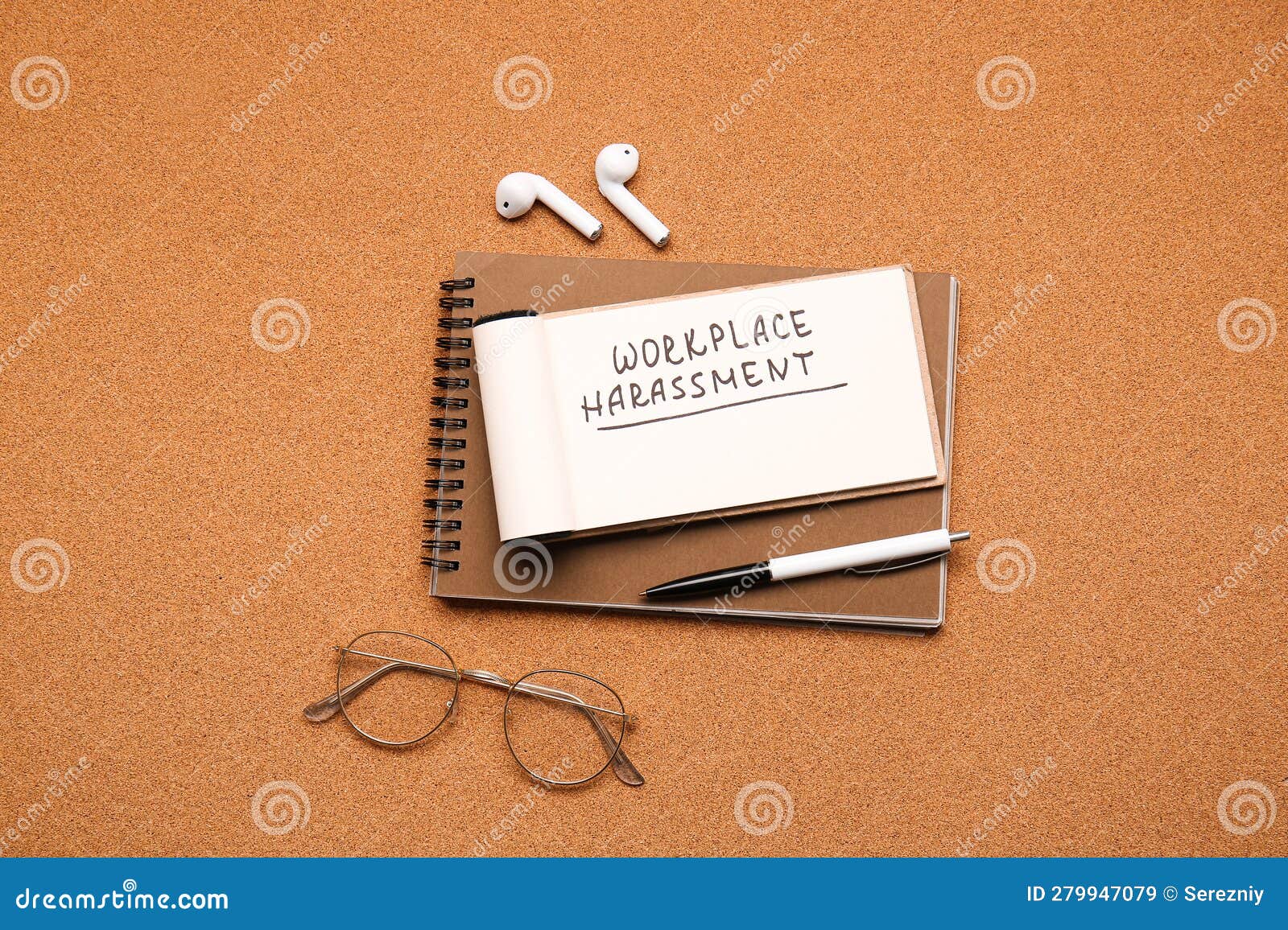 Notebooks with text WORKPLACE HARASSMENT, eyeglasses and earphones on color background. Colorful background with harassment notebooks, glasses, and headphones