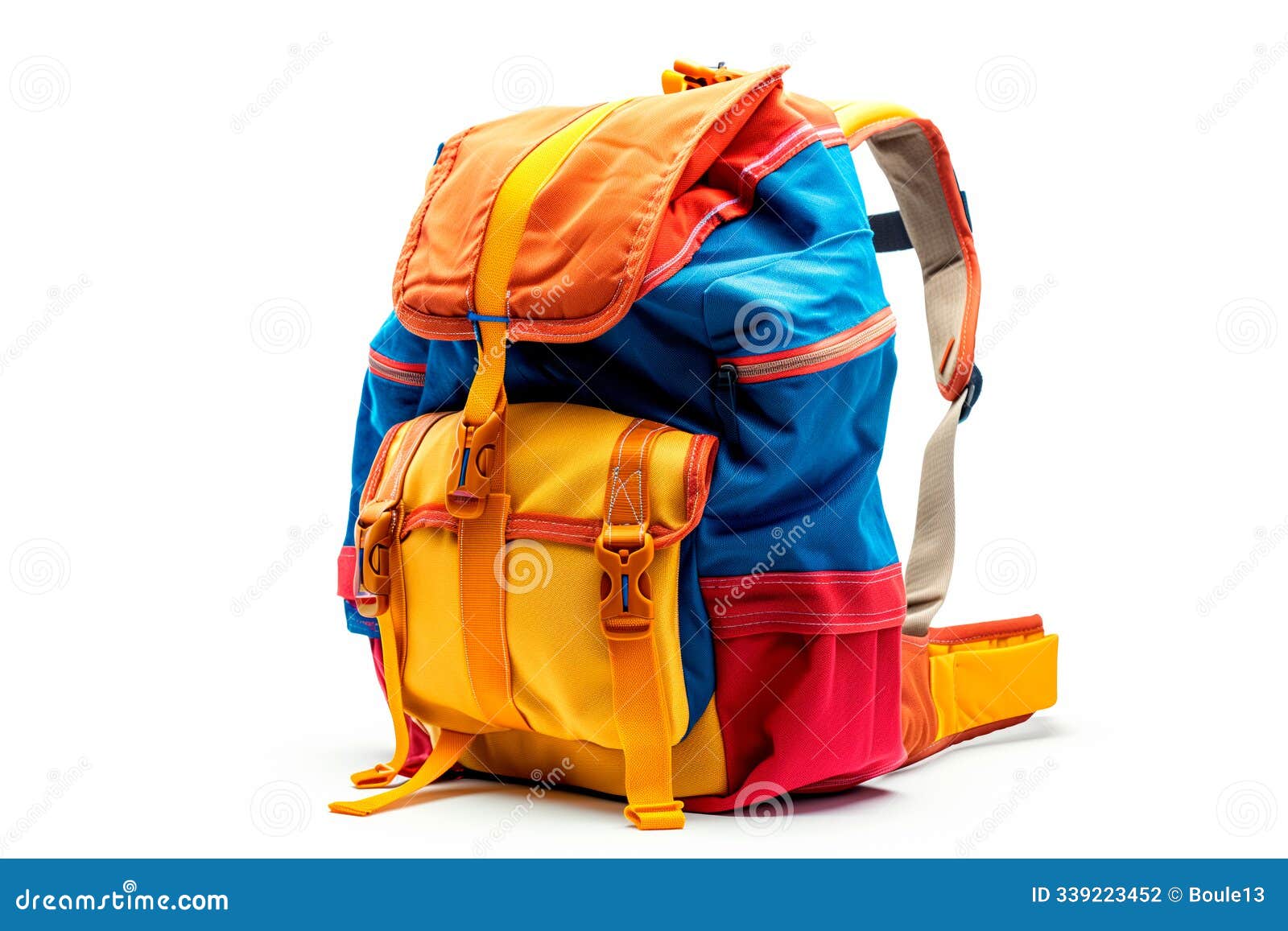a colorful backpack with multiple pockets  on white background. concept of travel and school essentials