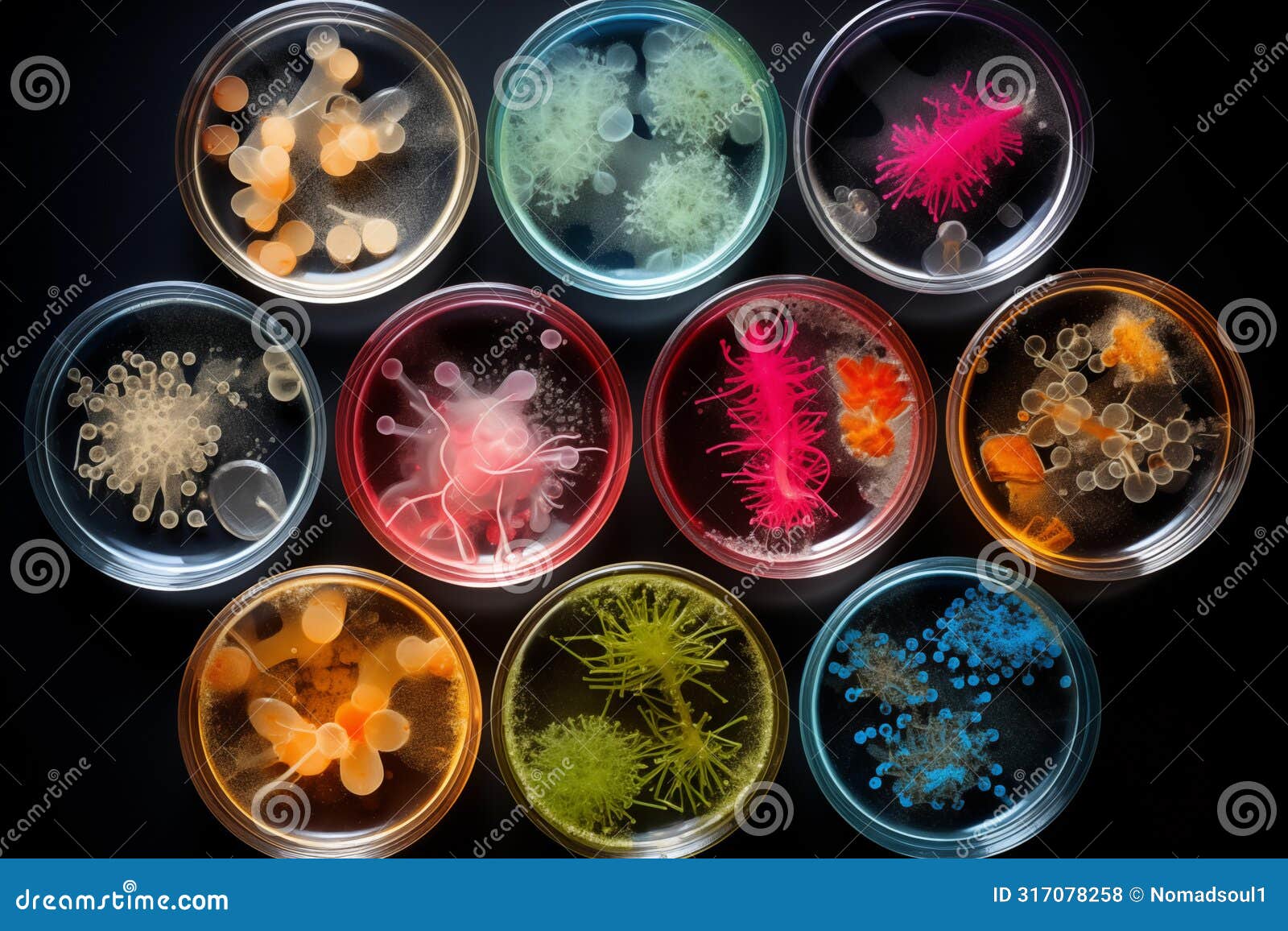 colorful bacterial colonies thriving in a lab dish. generative ai