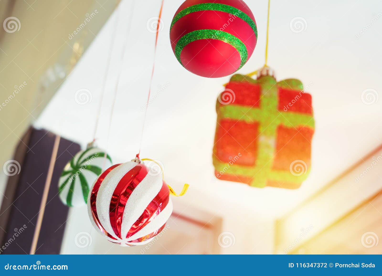Colorful Ball And Gift Box Mobile Hanging On The Ceiling Stock