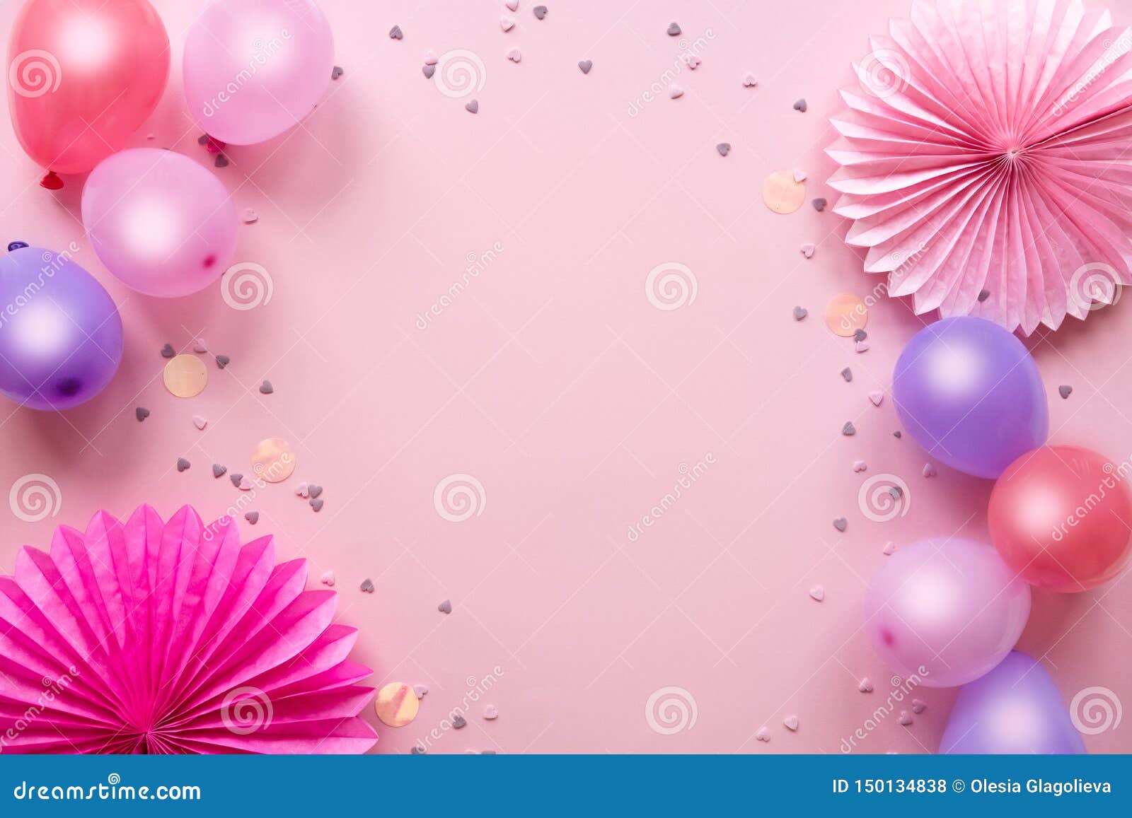 Colorful Balloons and Confetti on Pink Table Top View. Birthday, Holiday or  Party Background. Flat Lay Style Stock Photo - Image of invitation,  minimalistic: 150134838