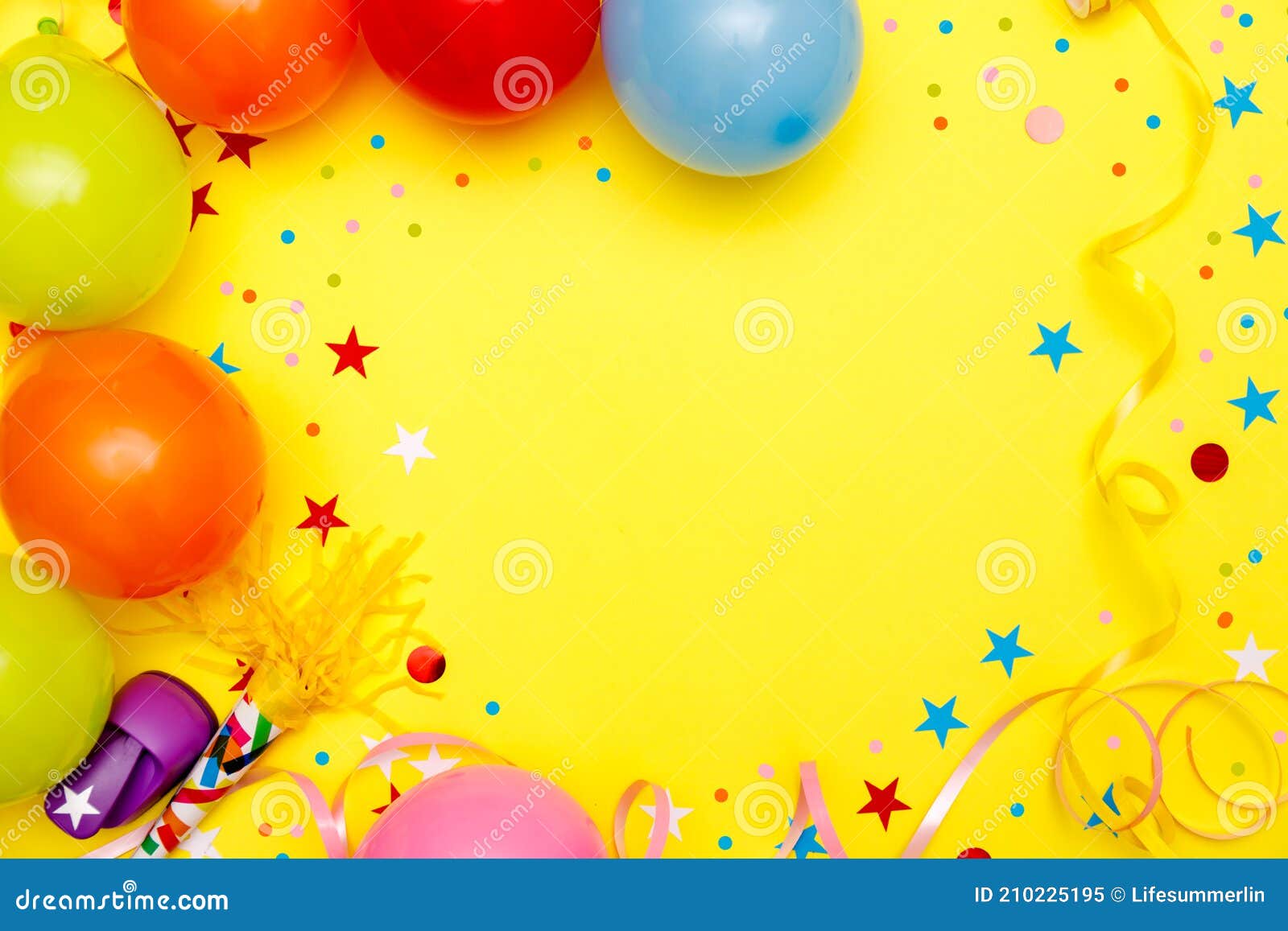 Colorful Balloons and Confetti on Yellow Table Top View. Festive or Party  Background. Flat Lay Style. Birthday Greeting Card Stock Image - Image of  surprise, carnival: 210225195