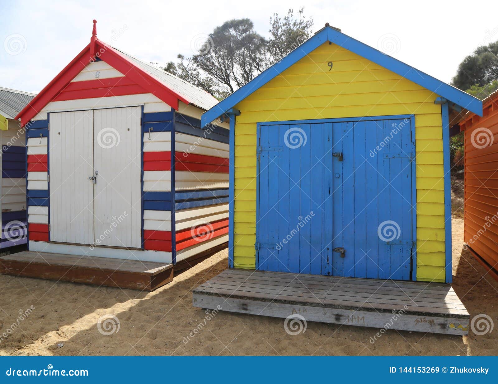 Colorful Bathing Boxes in Brighton Beach, Melbourne, Australia Stock