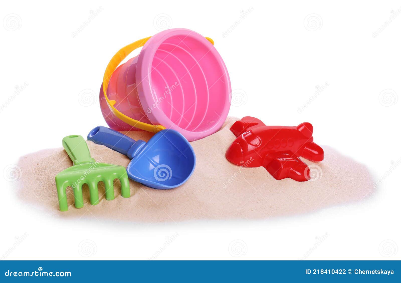 Colorful Beach Toy Set with Sand Isolated on White Stock Photo Image