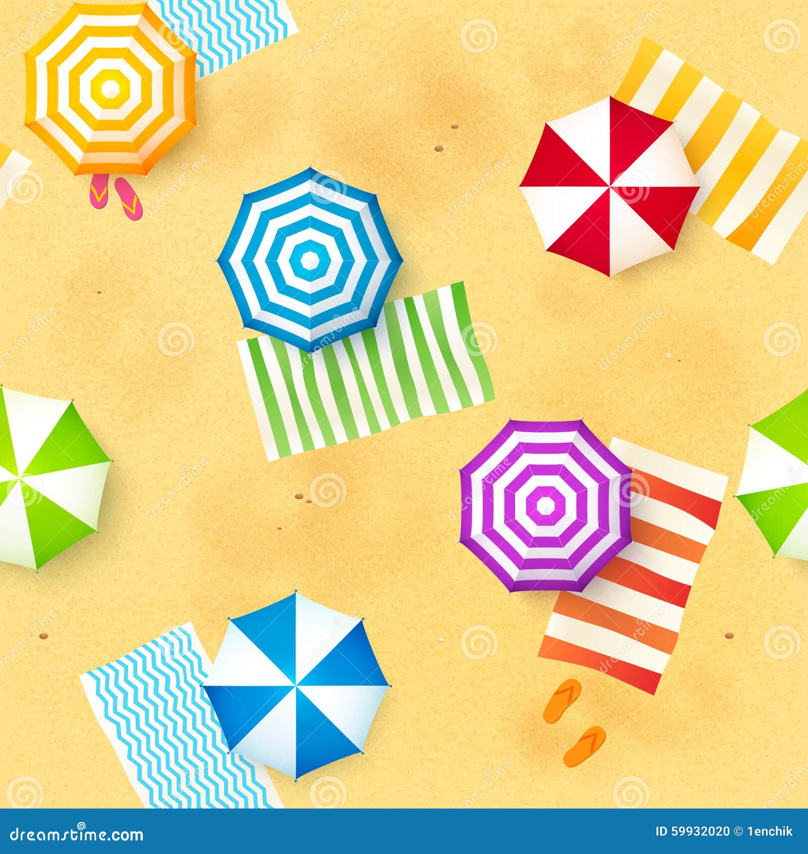 Colorful Beach Umbrellas and Towels at the Sand Stock Vector