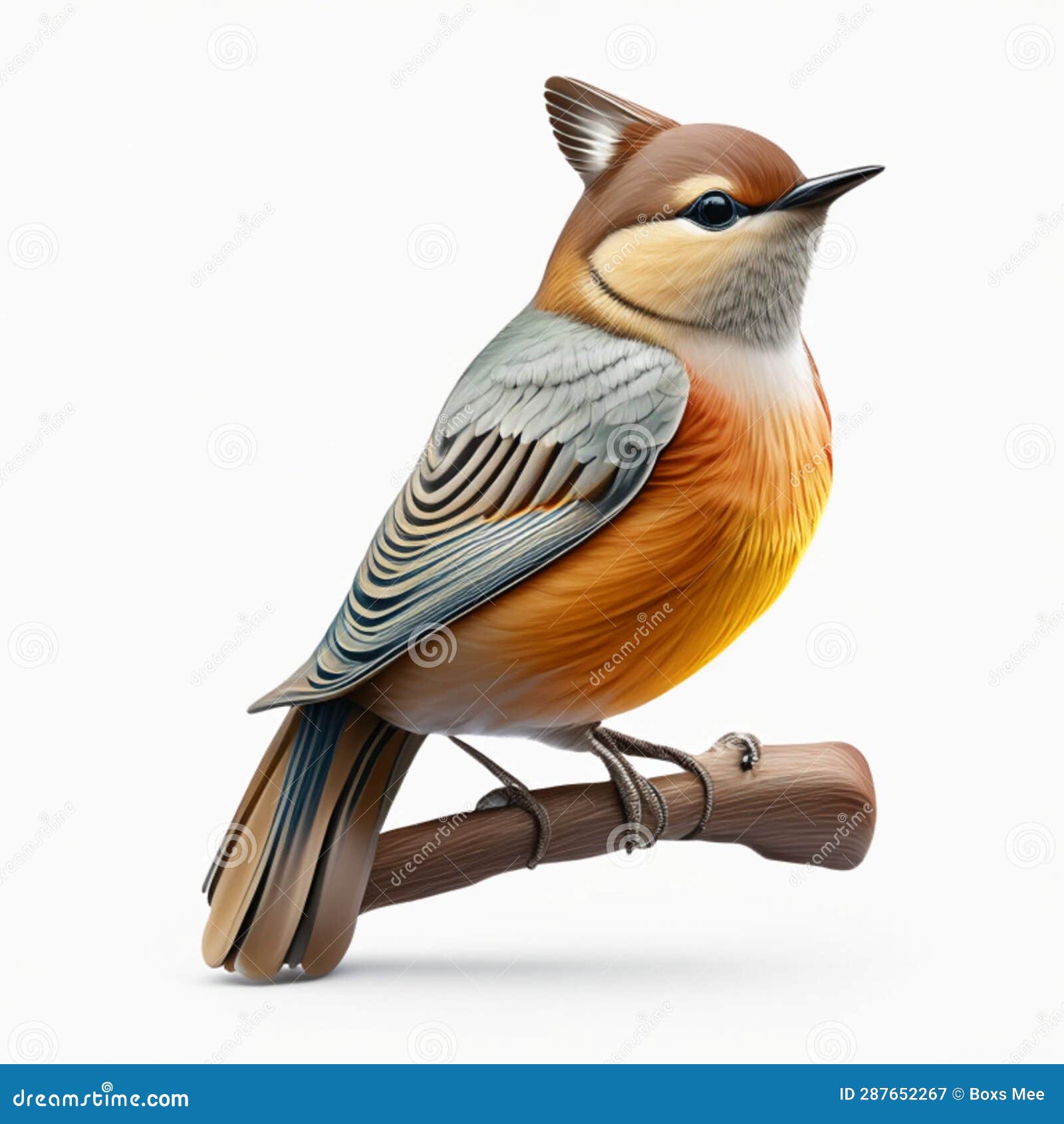 Colorful Bird Sitting on a Branch Isolated on White Background 3d