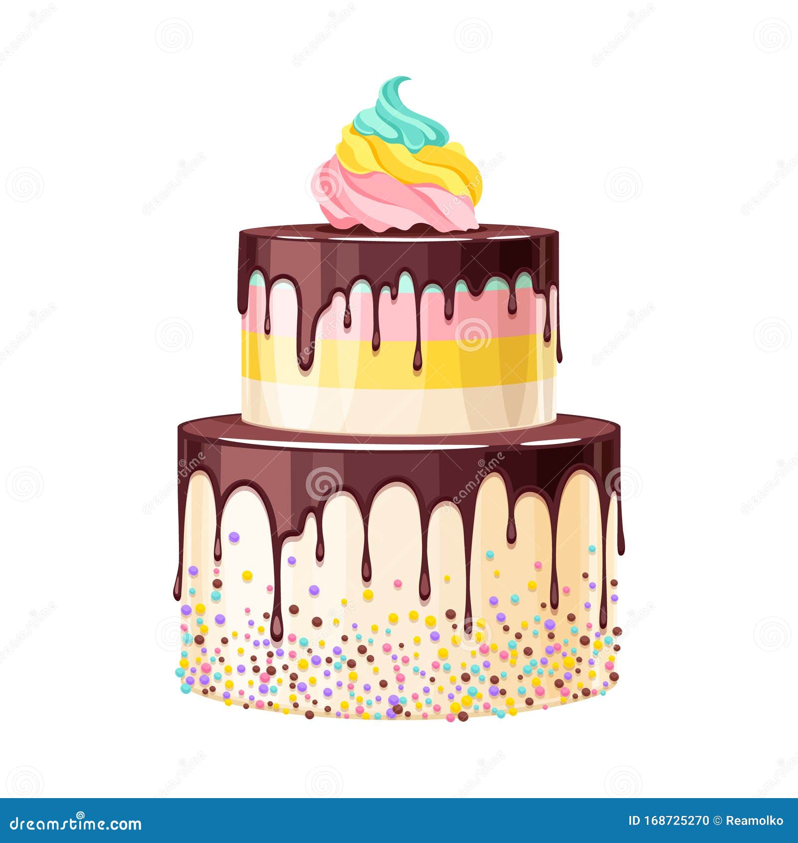 colorful birthday cake decorated with melted chocolate  .